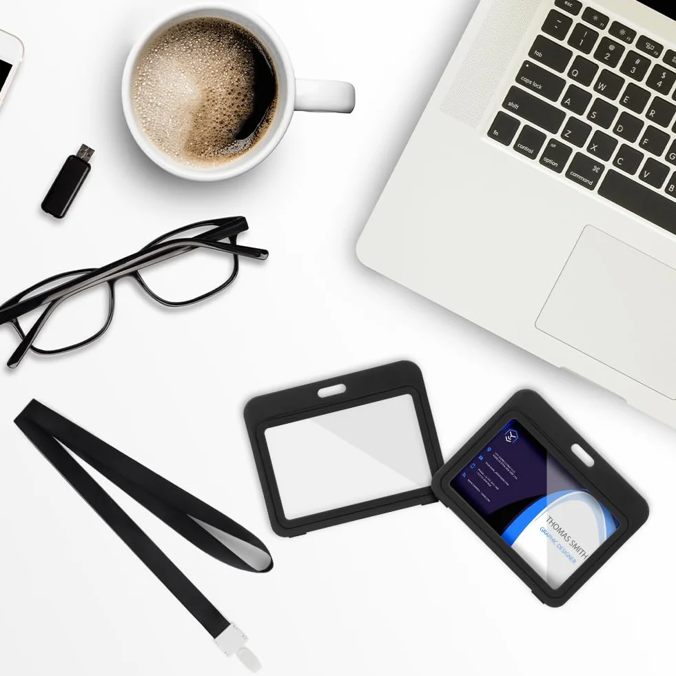ãOFFCUP Etui na identyfikator ze smyczą, 2 szt. dwustronne etui na dowód osobisty, twarde, przezroczyste etui na karty, etui na dowód osobisty do biura, szkoły, prawa jazdy i karnety (poziome) Ó