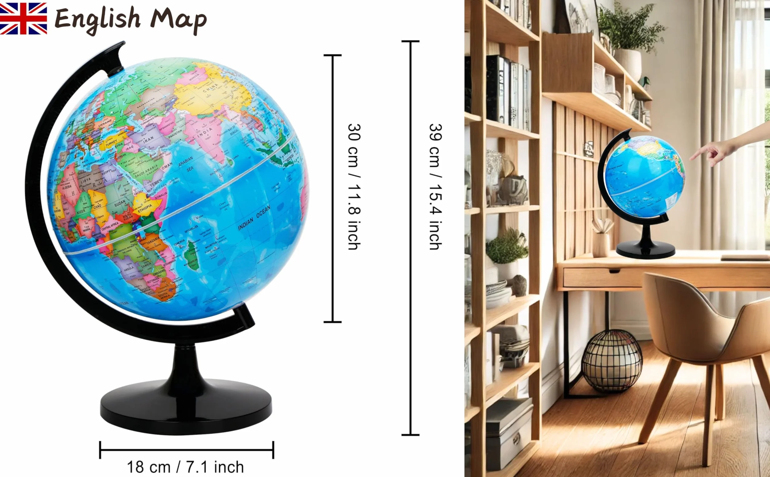EXERZ Mapa polityczna globu świata, 30 cm, duża edukacyjna kula geograficzna, samodzielnie zmontowana kula szkolna, średnica 30 cm