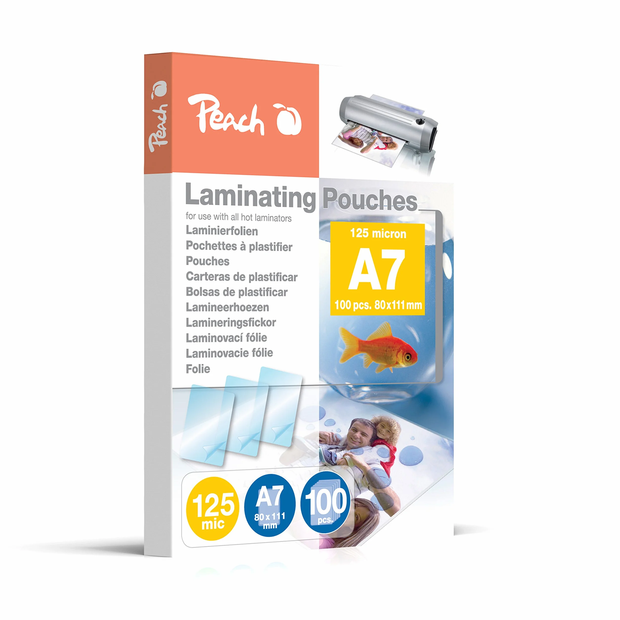 Peach Folie do laminowania A7-125 mic - 100 torebek - błyszczące - jakość premium dla najlepszych rezultatów laminowania - kompatybilne z urządzeniami wszystkich markowych producentów - PP525-05