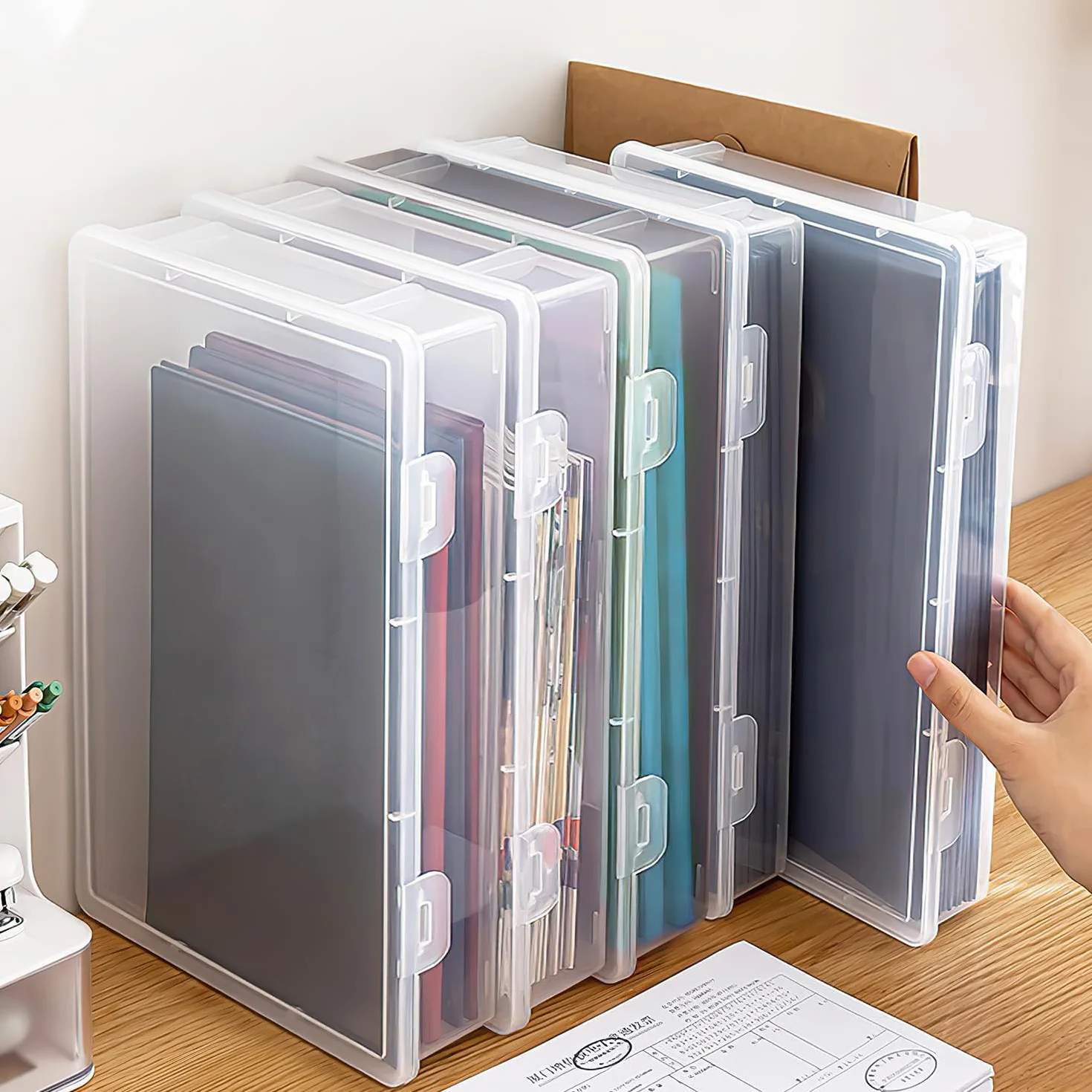 Przezroczyste pudełko na dokumenty A4 2 szt. Plastikowy stojak na dokumenty Prostokąt Układany z zatrzaskową pokrywką do przechowywania książek Papier do scrapbookingu czasopisma 32 x 22,5 x 5 cm