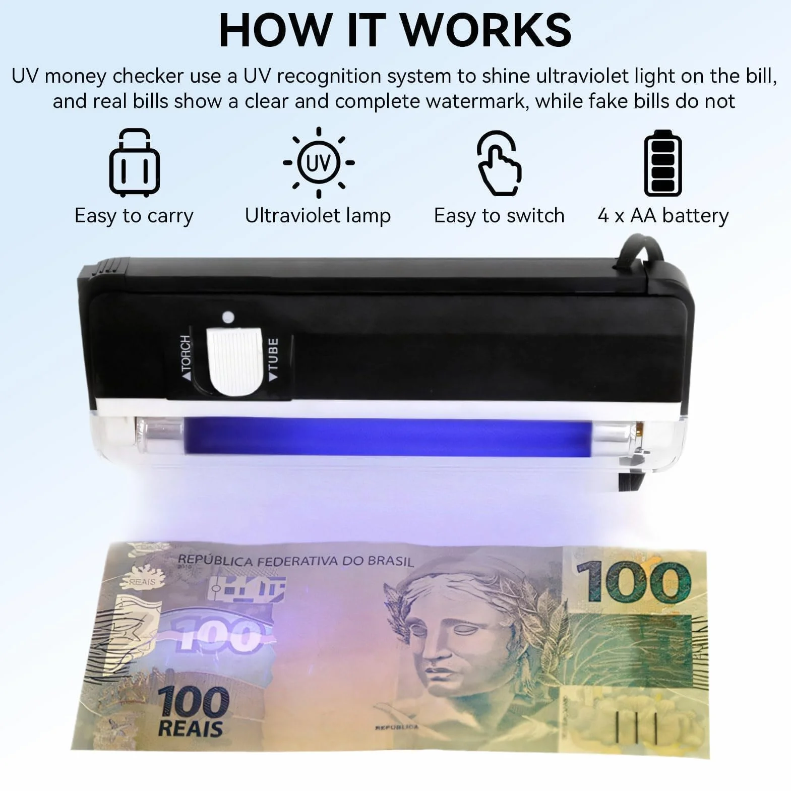 Urządzenie Do Sprawdzania Pieniędzy UV, Urządzenie Do Sprawdzania Rachunków UV Tester Rachunków Za światło Ręczny Wykrywacz Fałszywych Banknotów Przenośny Sprzęt Do Rozpoznawania Dolarów, Euro, Funtów