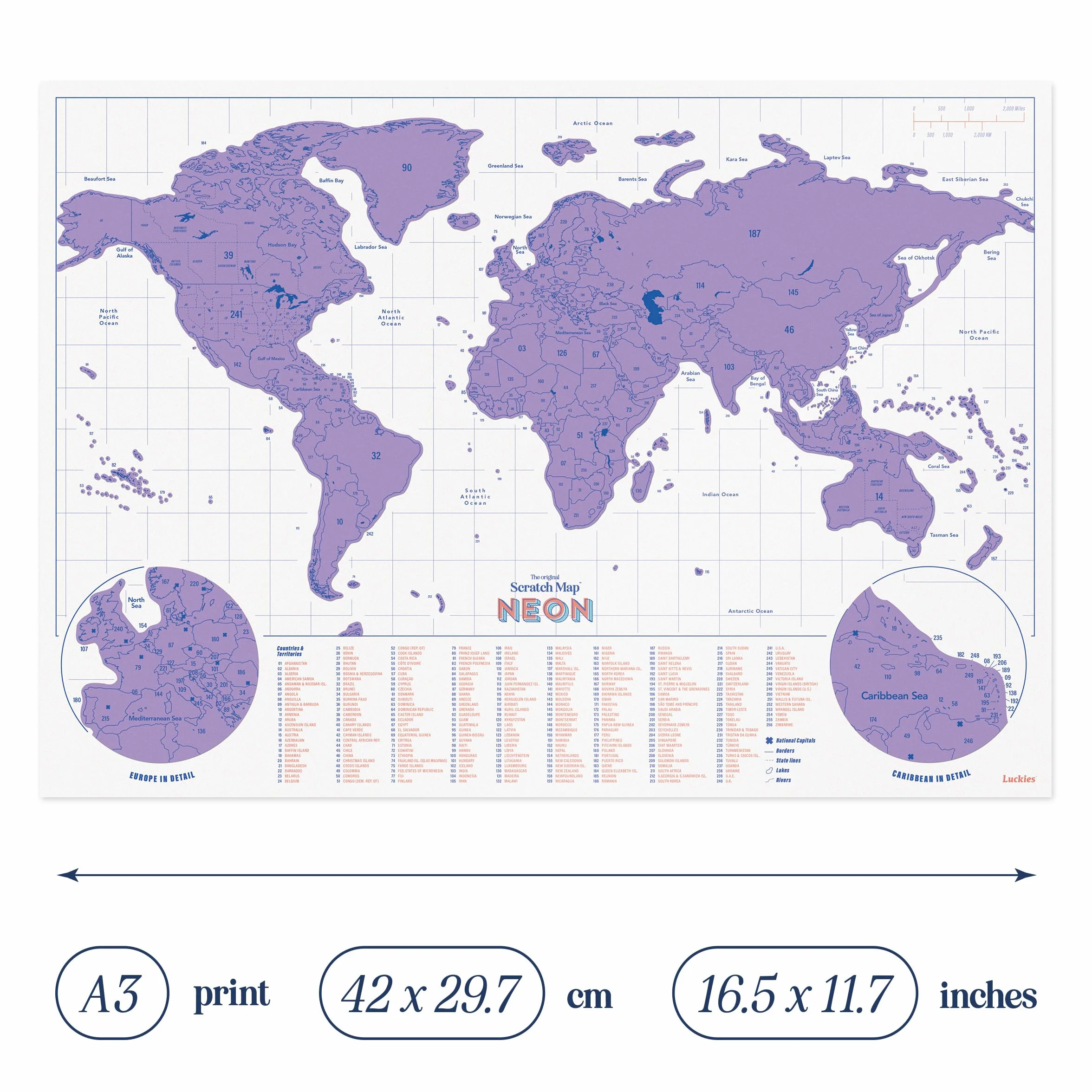 Luckies Mapa zdrapywania neonowa | Mapa podróży i zdrapka mapa świata | Mapa świata zdrapka | Mapa podróży do zdrapywania podróży | Mapa świata zdrapka | fioletowa