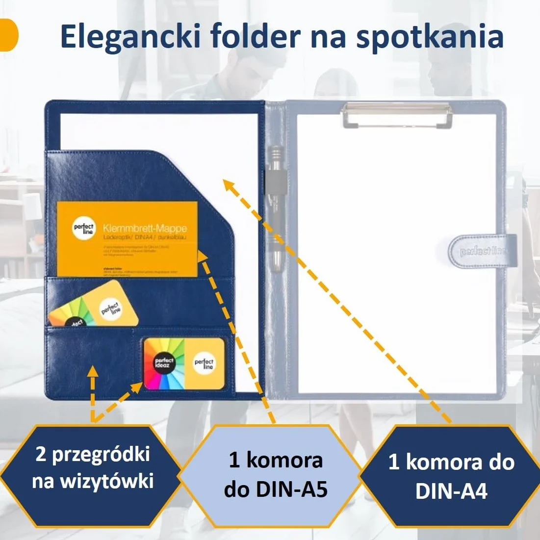 perfect line - Teczka z klipsem DIN-A4 z zapięciem magnetycznym - wykonana z wytrzymałej sztucznej skóry o stylowym wyglądzie skóry - teczka biznesowa premium (1 teczka - niebieska)