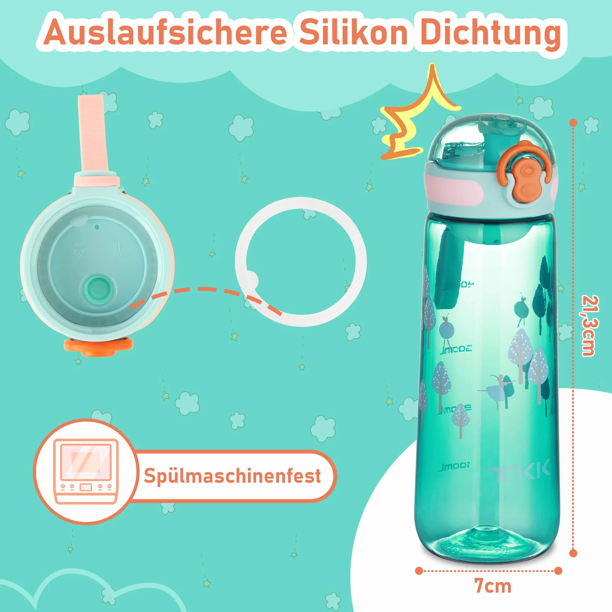 TITIROBA TKK butelka dla dzieci z szczelną pokrywką, tritan, bez BPA, obsługiwana jedną ręką, kolor niebieski, 500 ml