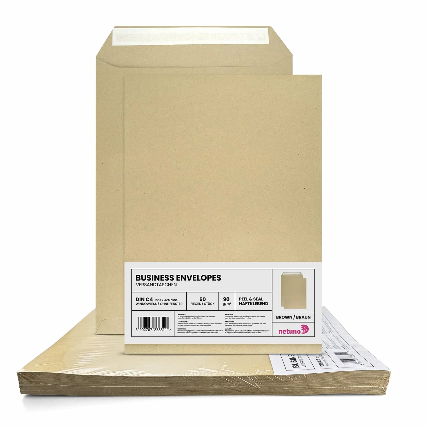 50 kopert DIN C4 brązowe 229×324mm prosta klapka samoprzylepna bez okien 90g duży format dla firm z literami faktury