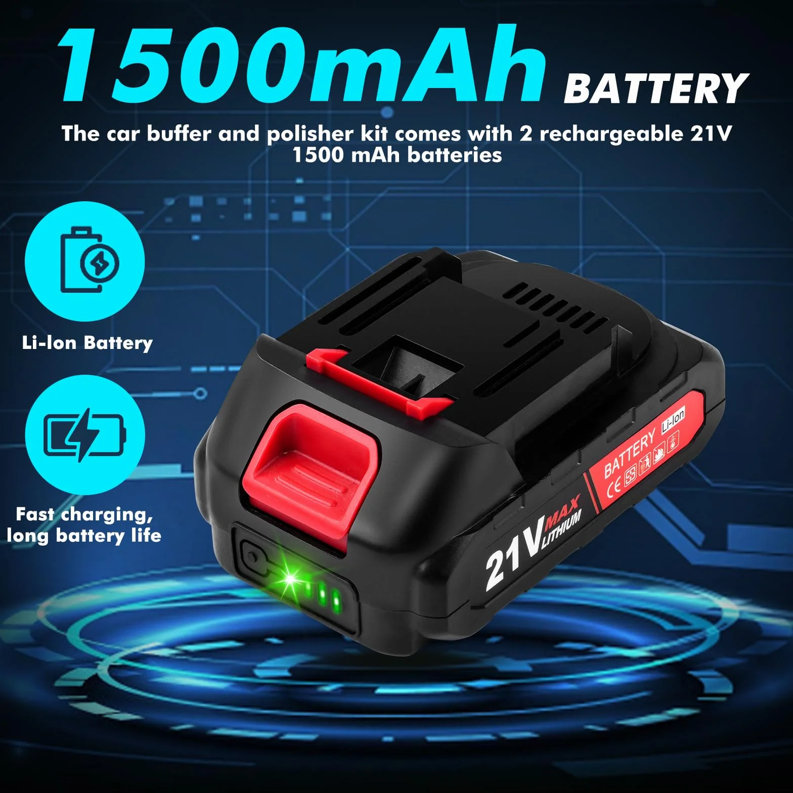Bezprzewodowa polerka samochodowa, polerka orbitalna, 15 cm, 2 baterie 21 V, 1500 mAh, 13 końcówek, 6 zmiennych prędkości 5500 obr./min