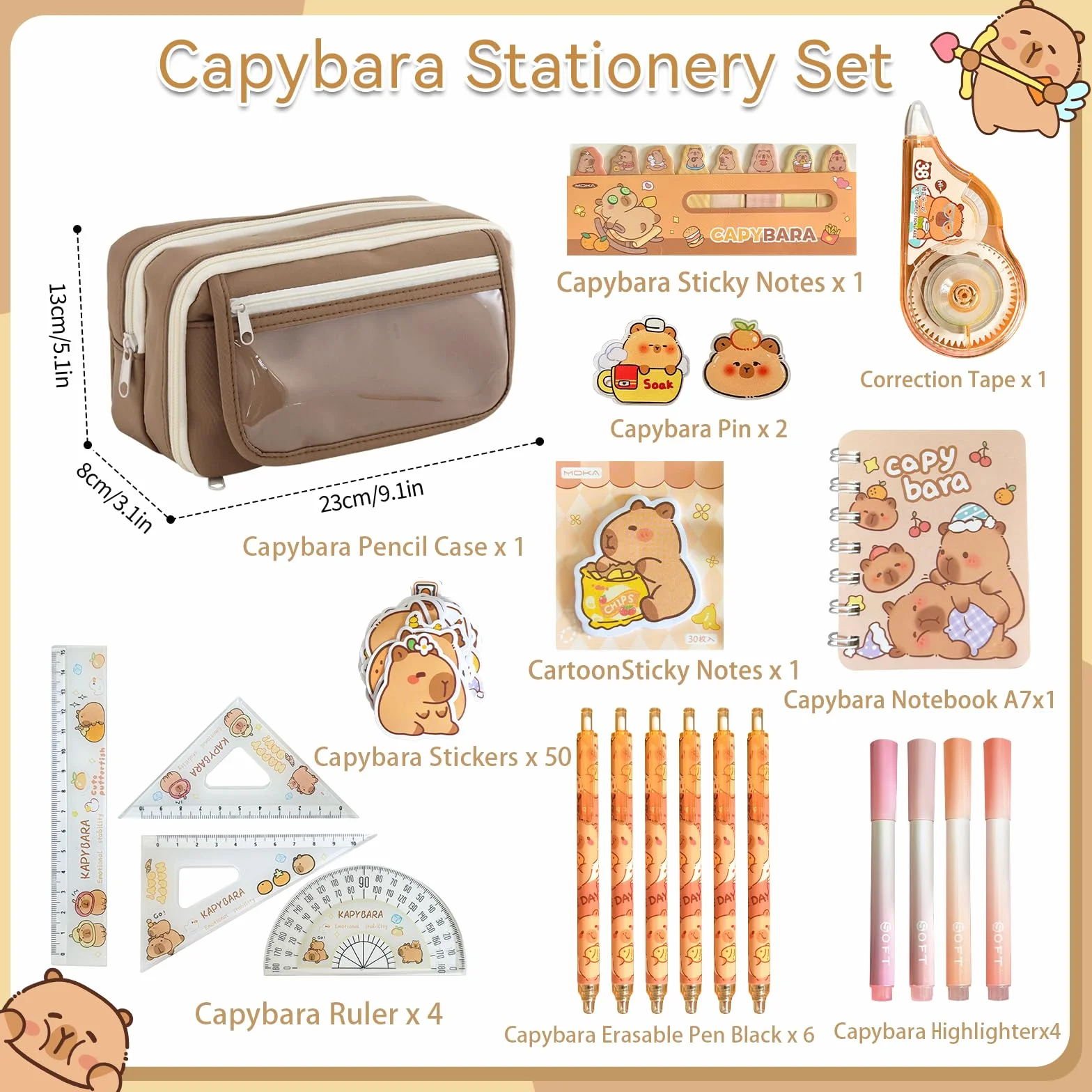 Capybara piórnik z akcesoriami 20 sztuk zestaw przyborów szkolnych