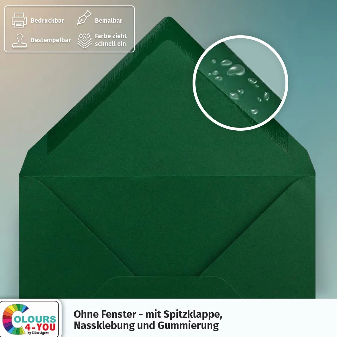 Colours-4-you 50 kopert DIN C6 ciemnozielone, zielone, 11,4 x 16,2 cm, koperty z klejeniem na mokro 80 g/m², spiczasta klapa – koperty bez okienka
