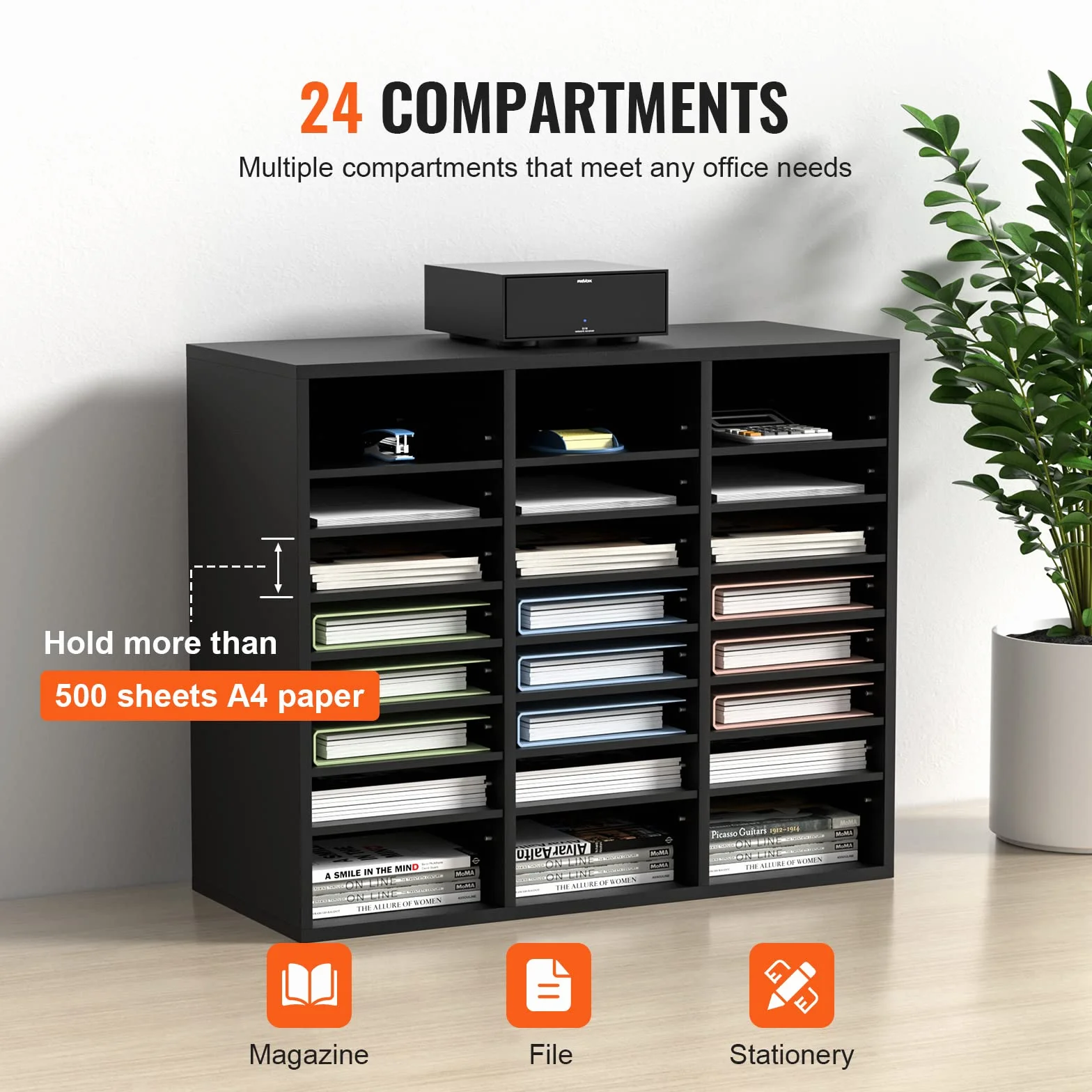 VEVOR Drewniany Organizator Literatury Płyta wiórowa Stojak do przechowywania dokumentów 24 przegródek 73,7x30,5x62 cm Klasyfikator literatury z regulowanymi półkami biurowymi, Czarny