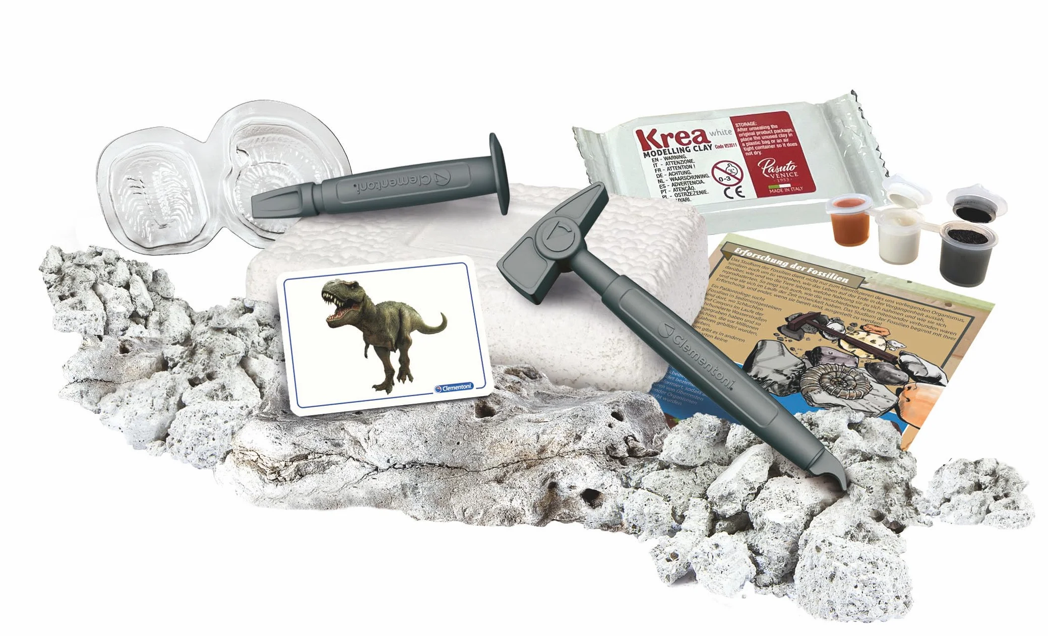 Clementoni Clementoni 59311 zestaw do modelowania Galileo Discovery - zestaw do modelowania T-Rex i Fossil - zestaw naukowców ze szkieletem dinozaura w zestawie młotek, dłuto i masa modelarska dla