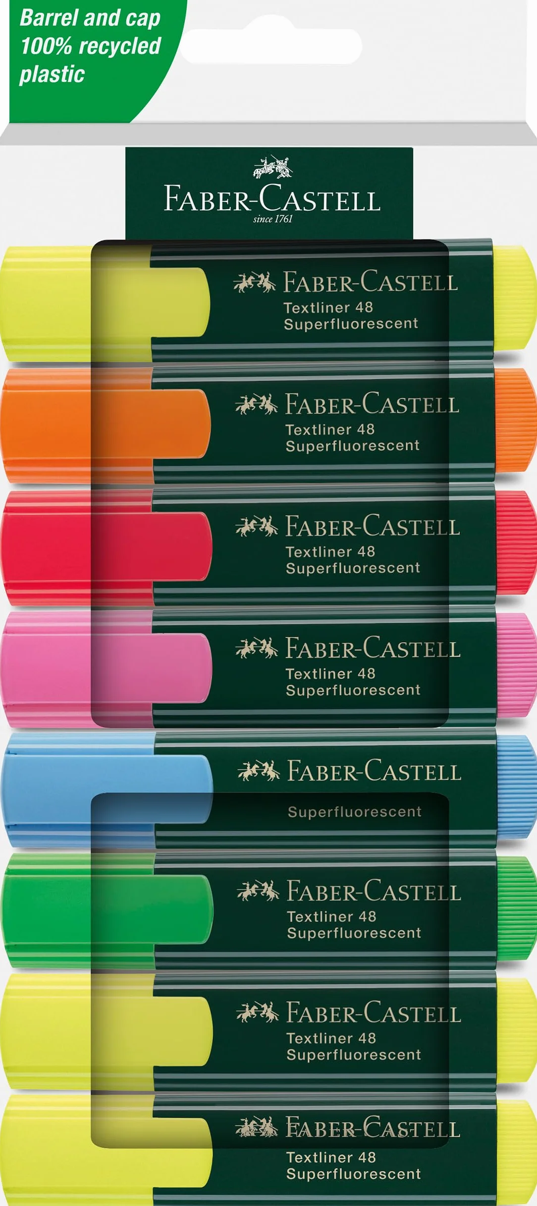 Faber-Castell 254848 – zestaw zakreślaczy 48, 8 sztuk, neonowe kolory, z trwałą końcówką klinową, szerokość kreski 1-5 mm, do wielokrotnego napełniania