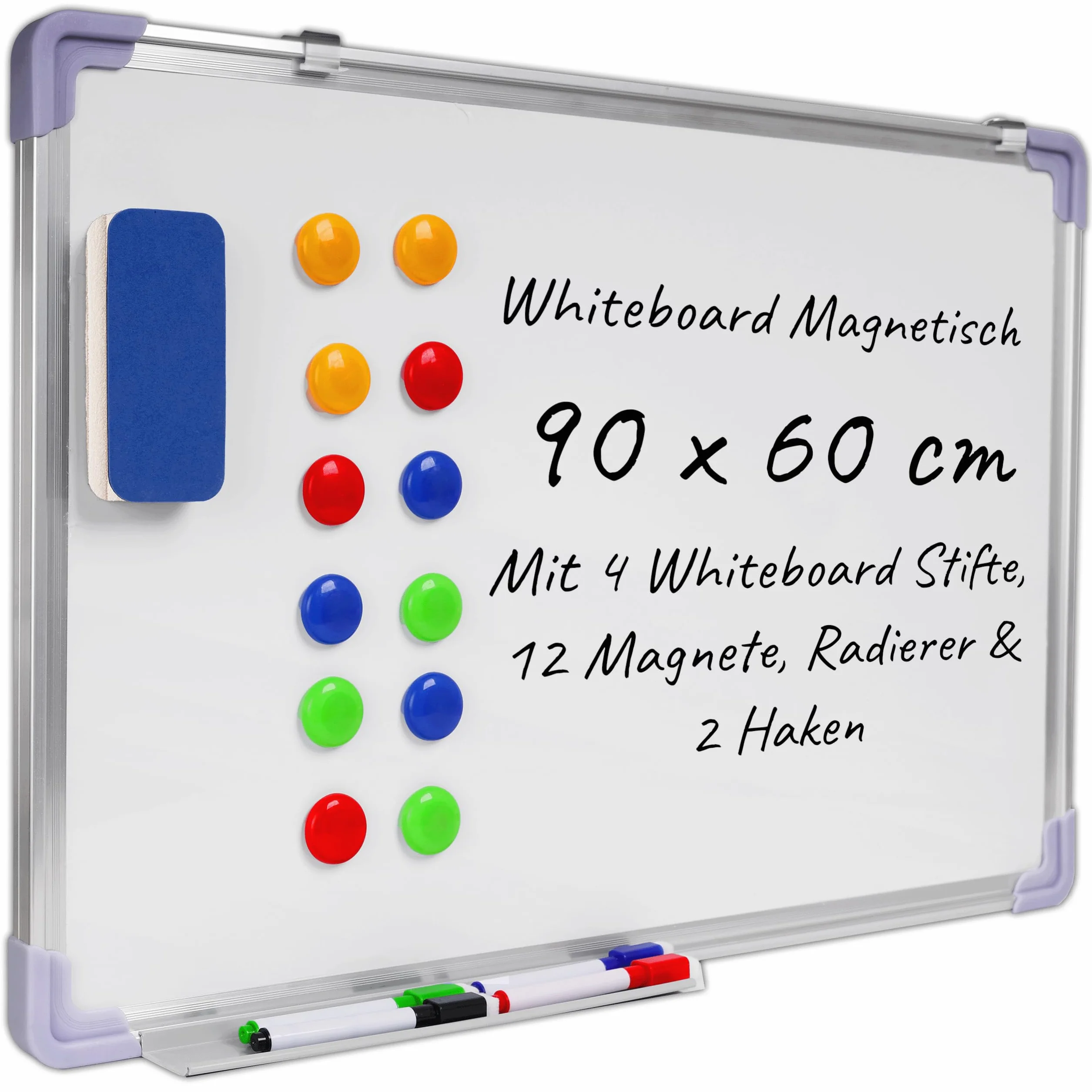 KRUMAD Tablica magnetyczna suchościeralna 90x60cm - Zestaw z 4 markerami, 12 magnesami, gąbką i 2 haczykami - Biała tablica do pisania i planowania - Idealna do biura, szkoły i domu
