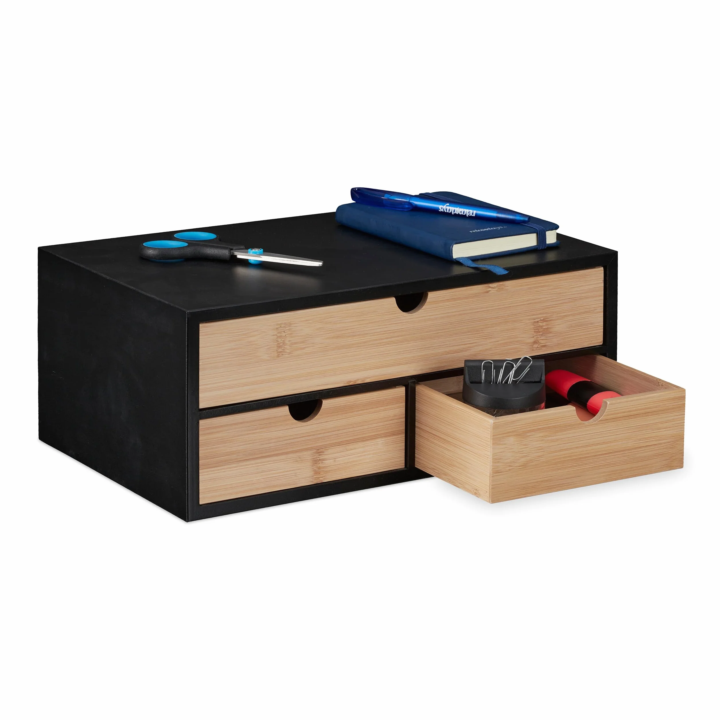 Relaxdays Organizer na biurko 3 szuflady bambus MDF 13,5 x 33 x 21 cm naturalny czarny