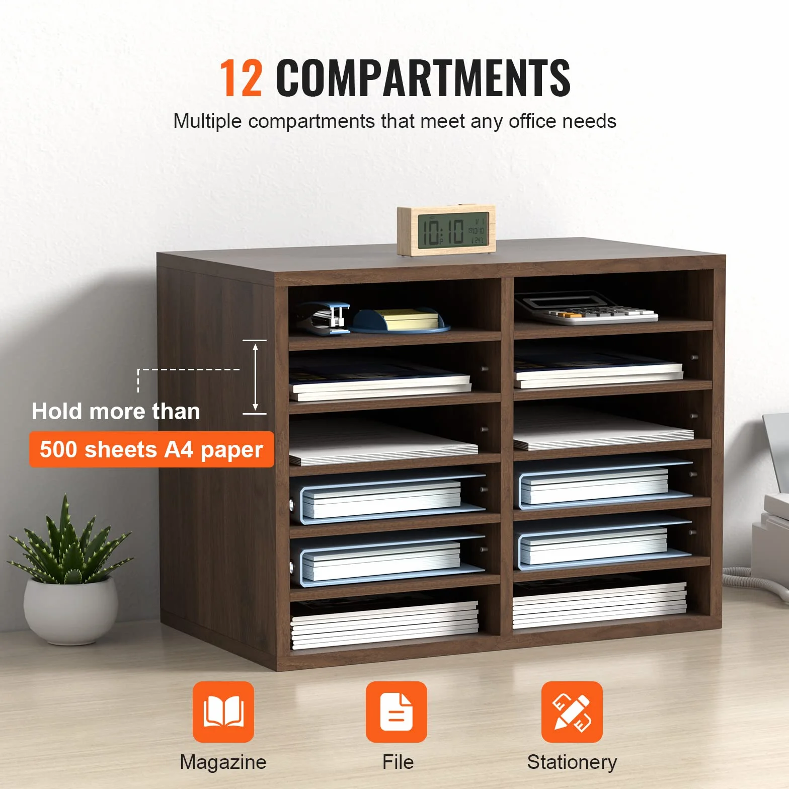 VEVOR Drewniany organizer na biurko 52 x 30,5 x 41 cm 12-komorowy sorter na dokumenty kosz pocztowy płyta wiórowa wyjmowana półka na dokumenty do przechowywania plików czasopism szkolnych brązowy