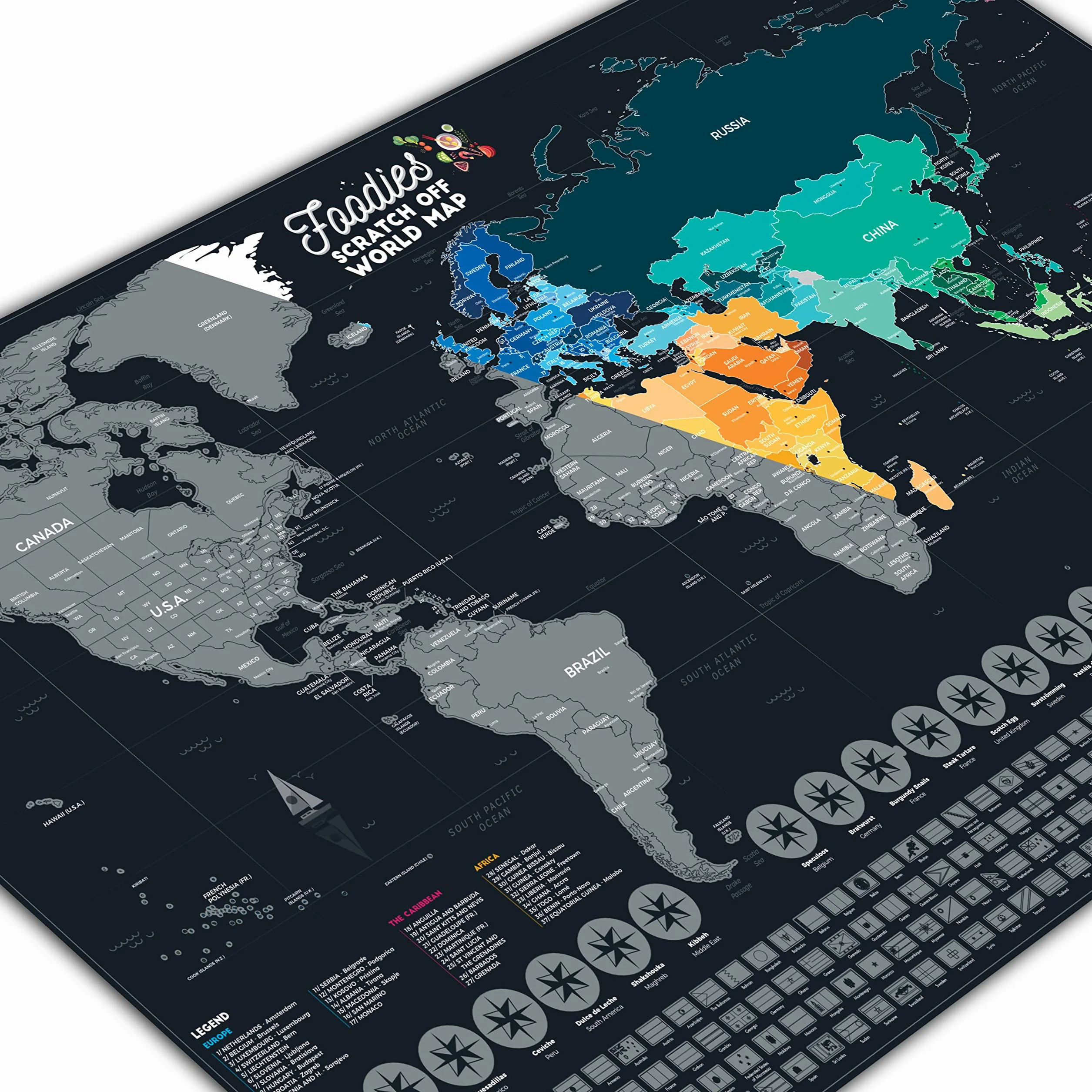 Bonanzana Mapa świata do zdrapywania XXL 70 x 42 cm z 25 produktami spożywczymi i 197 flagami Scratch off World Map prezent