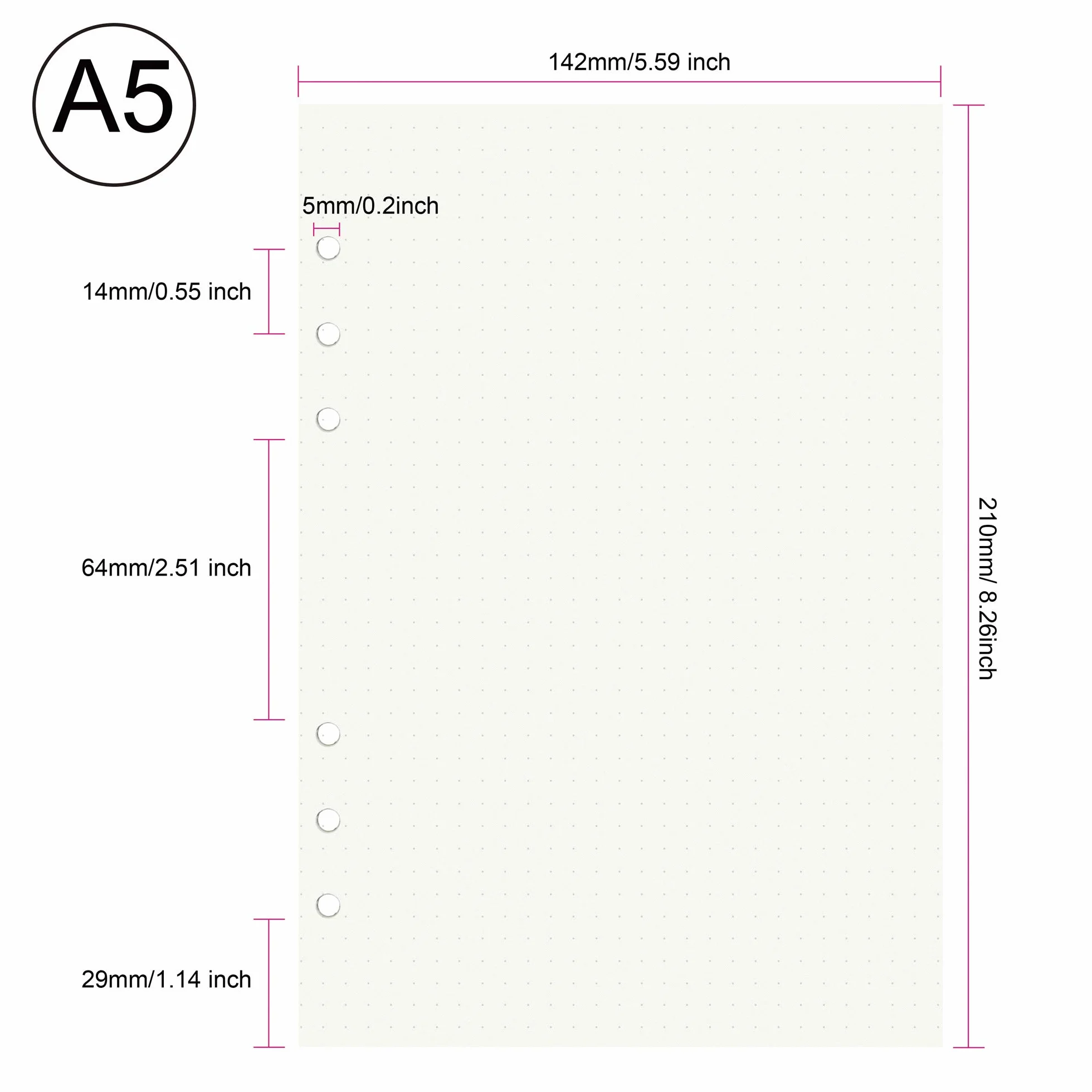 Planner Wkłady z Kropkami Papier A5 6 Otworów Notatnik Bullet Journals 135 Arkuszy