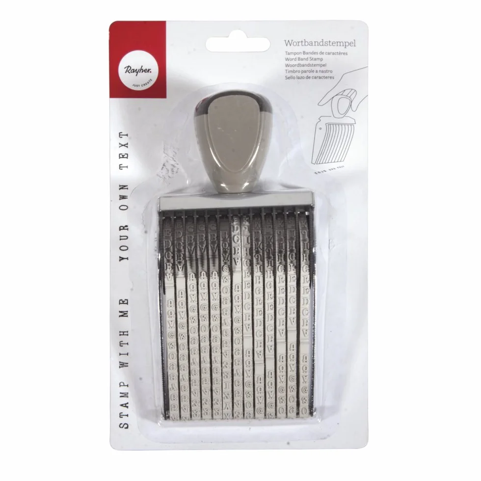 Rayher pieczątka na taśmie słownej 13 regulowanych taśm z literami cyframi znakami wysokość czcionki 4 mm długość tekstu 6,8 mm metal 2,35x1,3x0,5 cm