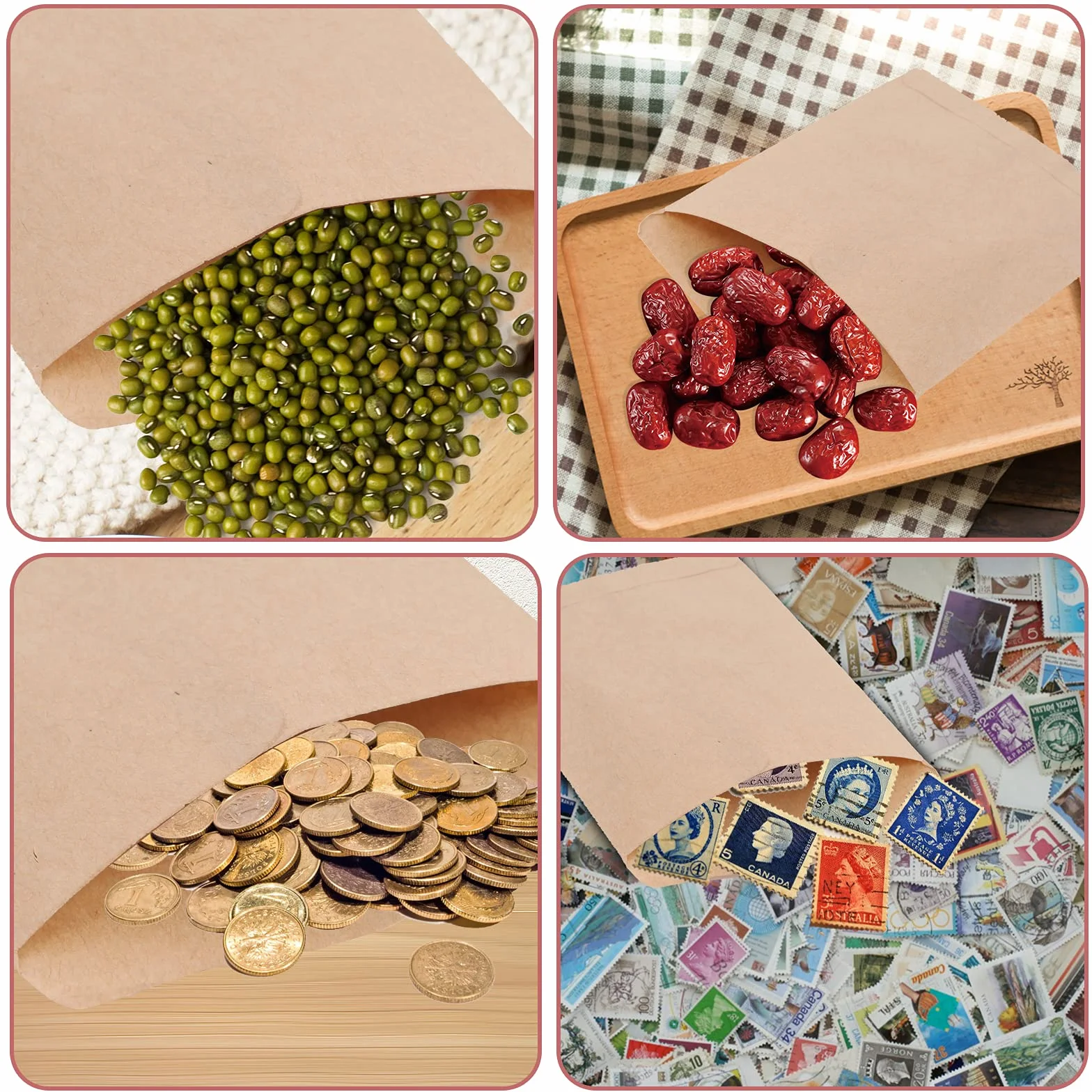 100 sztuk torebek z papieru pakowego 9 x 12 cm brązowe koperty małe torebki z nasionami Vintage Mini koperta na monety cukierki biżuteria - z dwustronną wstążką