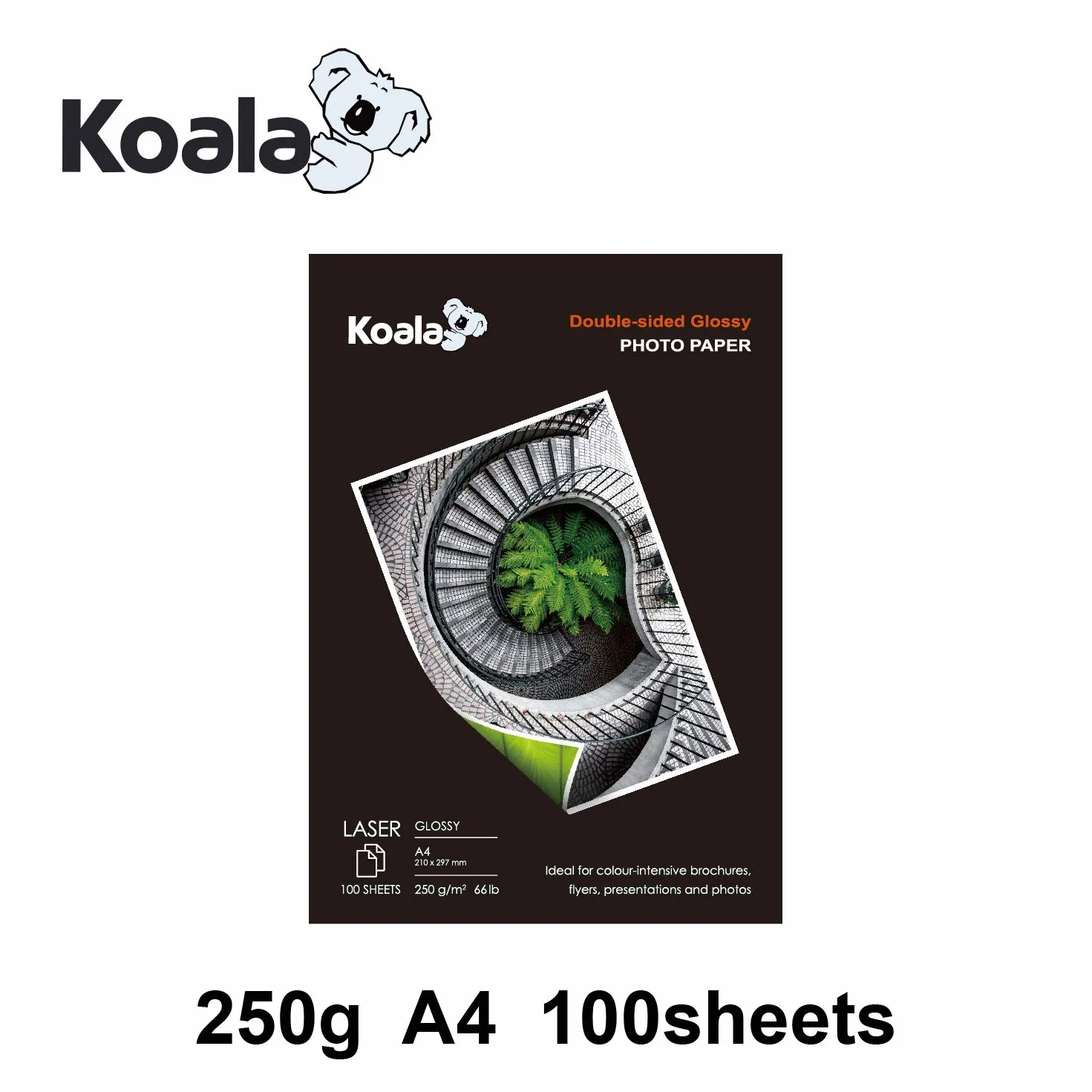 KOALA dwustronny błyszczący papier fotograficzny A4, 250 g/m², 100 arkuszy, do wszystkich drukarek laserowych i kopiarek