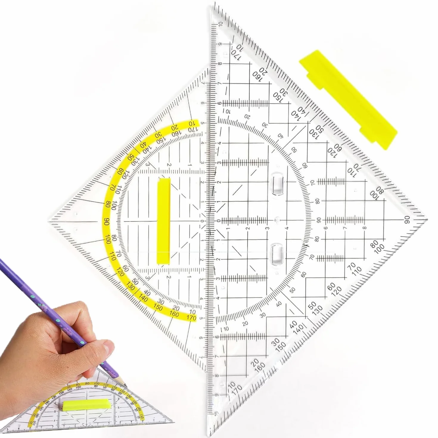 2-częściowy ekierka z uchwytem, ekierka geometryczna, elastyczna, ekierka geometryczna, mała ekierka z tworzywa sztucznego, trójkąt geometryczny, kątomierz, do szkoły i biura