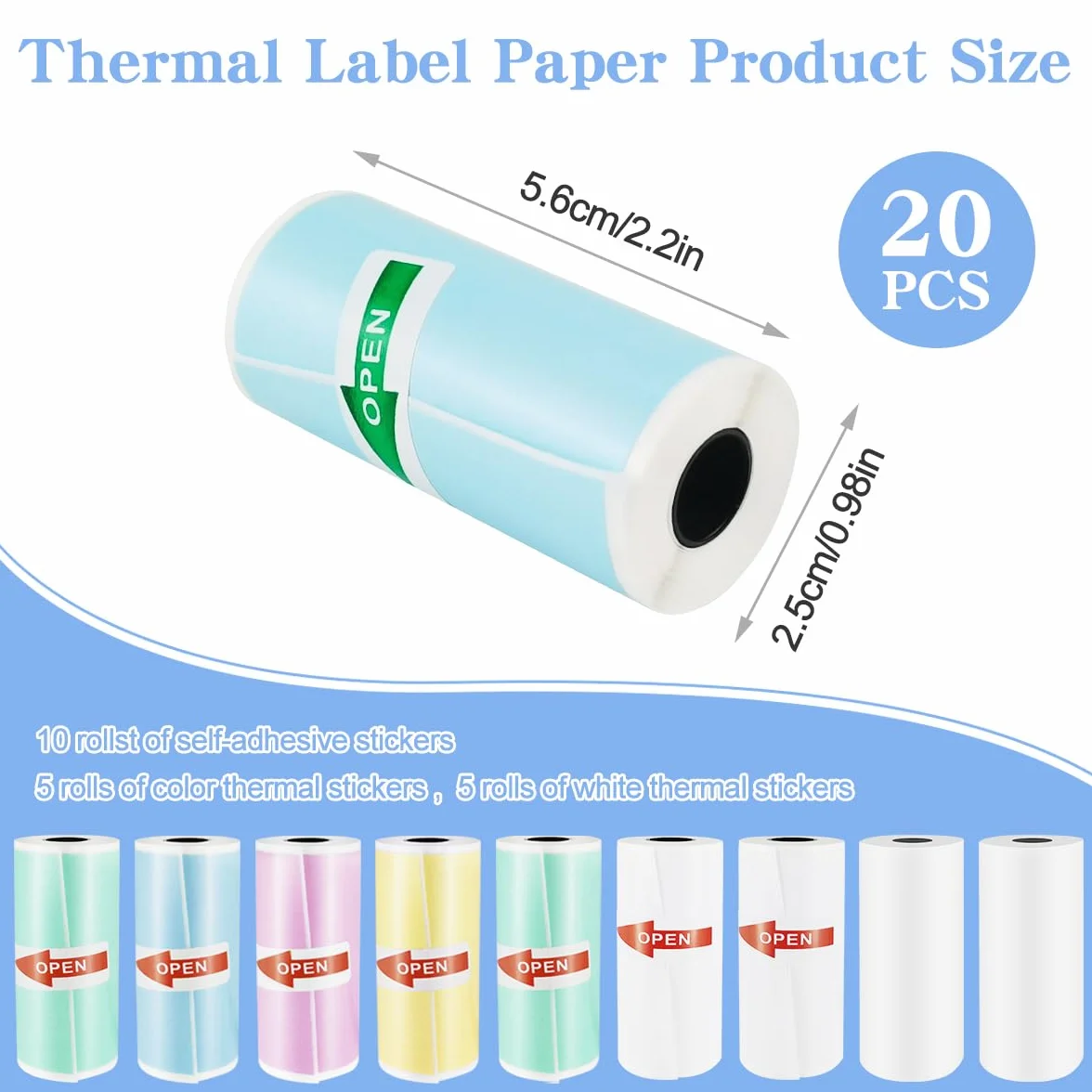 20 rolek papieru do drukarki termicznej 57 x 25 mm, zestaw 5 kolorowych rolek, 10 białych papieru termicznego i 5 samoprzylepnych papieru termicznego, do mini drukarki, natychmiastowego aparatu