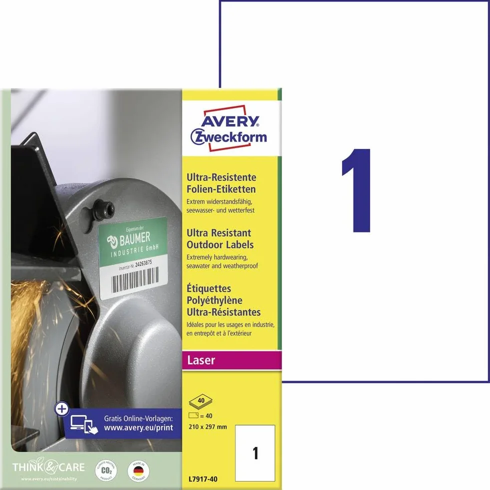 AVERY Zweckform L7917-40 etykiety foliowe 210x297 mm DIN A4 samoprzylepne na zewnątrz 40 arkuszy biały