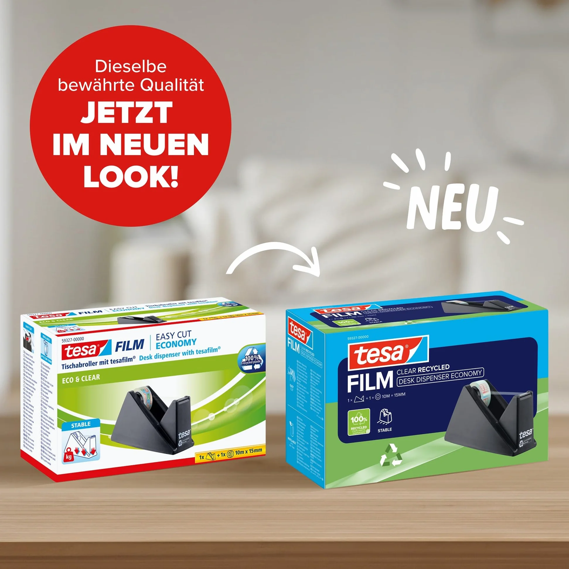 tesa DYSPENSER BIURKOWY ECONOMY RECYCLED - obudowa z 100% tworzywa z recyklingu, dyspenser stołowy z 1 rolką tesafilm CLEAR RECYCLED 10 m x 15 mm