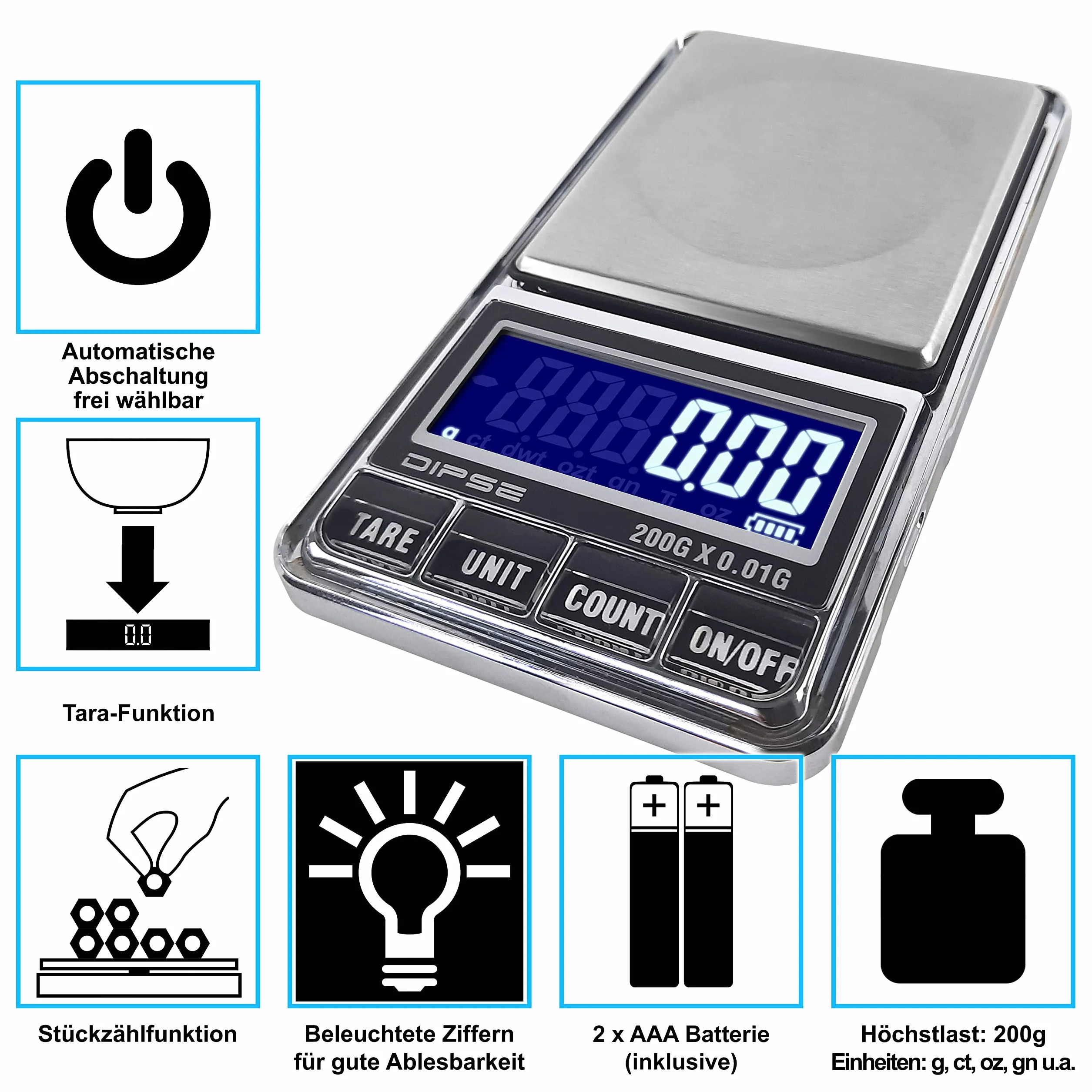 DIPSE USB 200 cyfrowa waga kieszonkowa 0,01 g 200 g