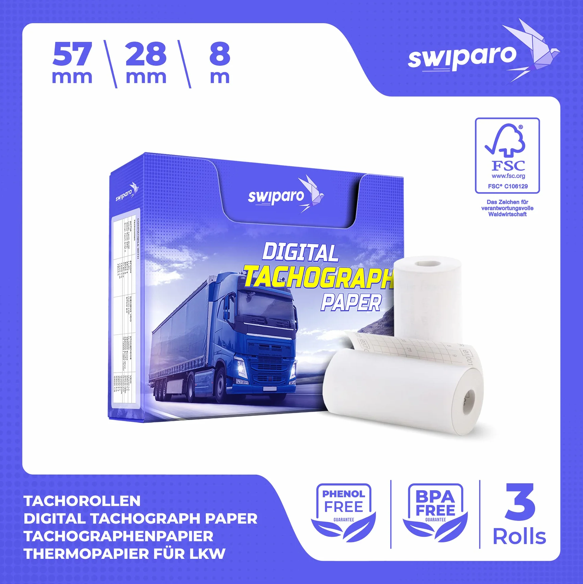 Certyfikowane rolki papieru termicznego do tachografów 57/8 mm 3 sztuki