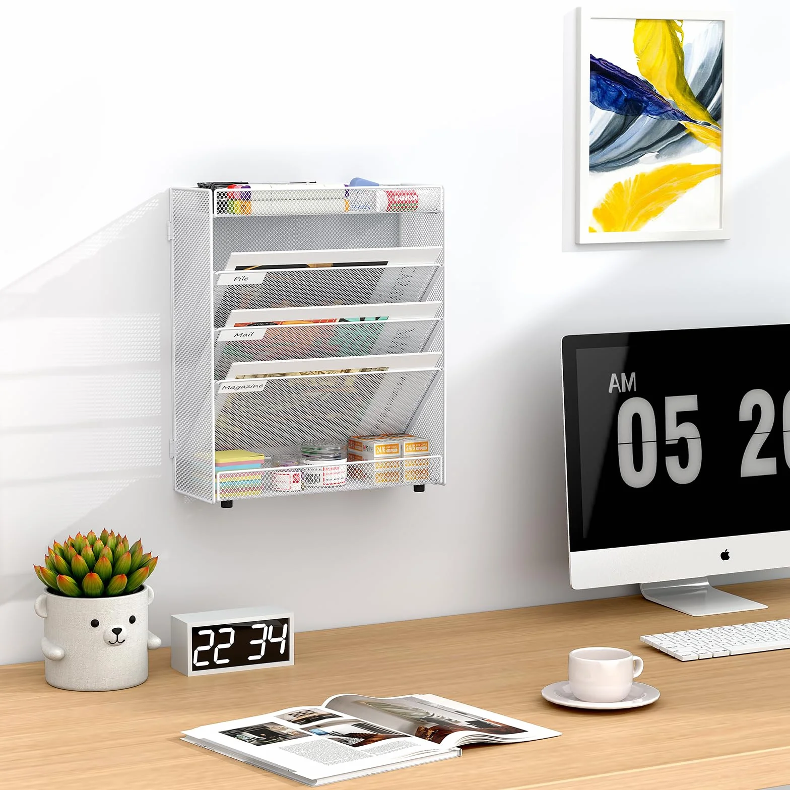 EasyPAG Uchwyt Ścienny na Dokumenty A4 5 Przedziały Metal Siatka,Ścienny Stojak na Pocztę,Wiszący Organizer na Dokumenty,Przechowywanie Czasopism do Biura & Domu,Biały