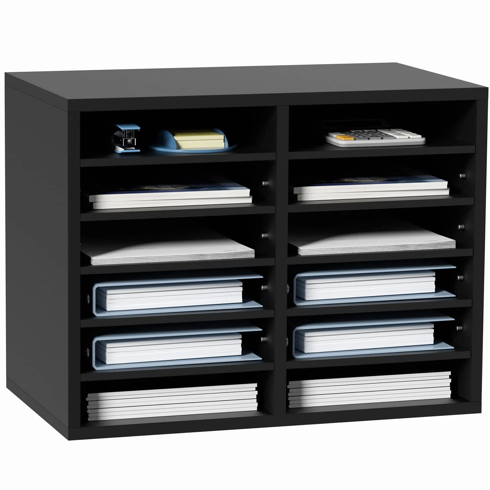 VEVOR Drewniany Organizator Literatury Płyta wiórowa Półka do przechowywania dokumentów 12 przegródek 52x30,5x41 cm Klasyfikator literatury z regulowanymi półkami biurowymi, Czarny
