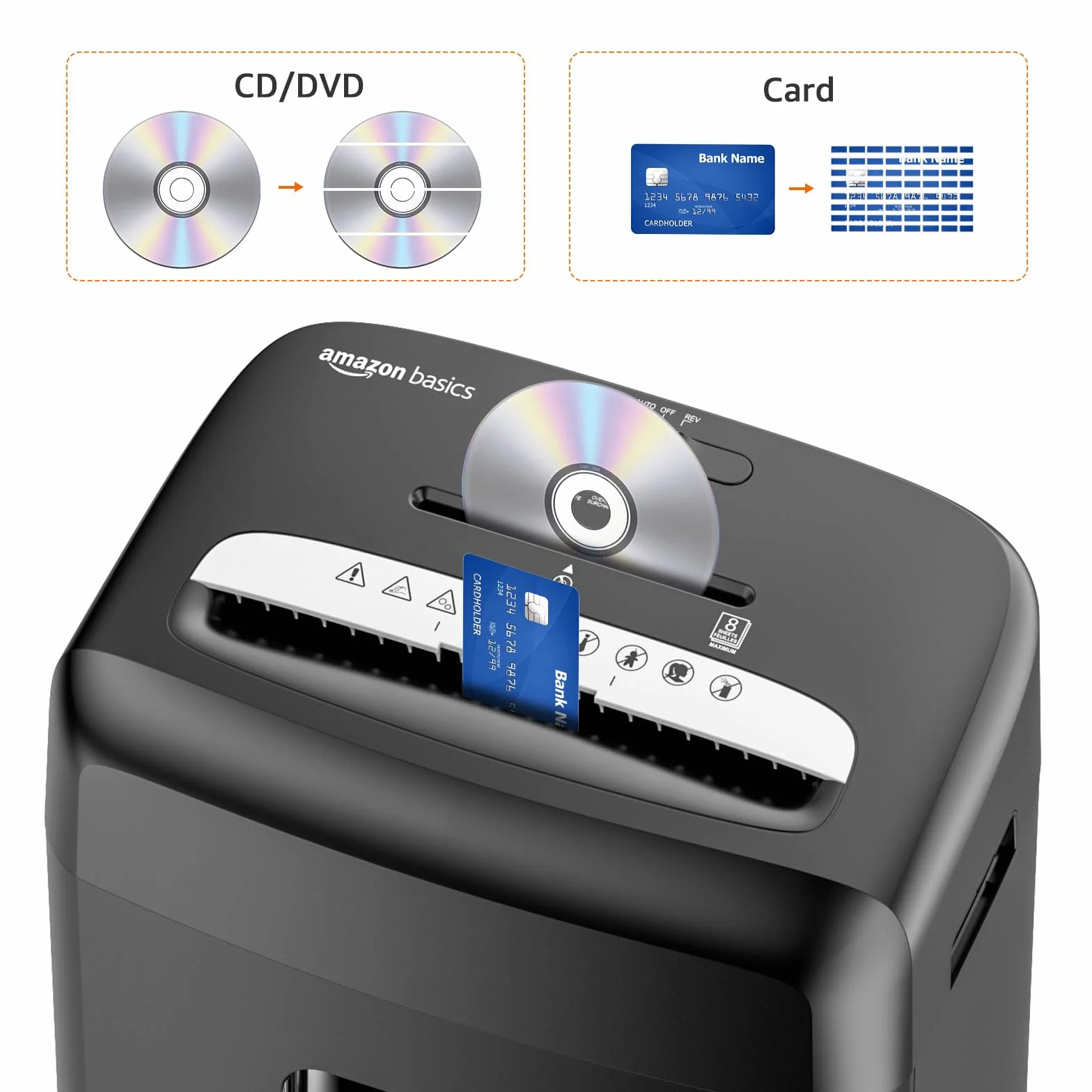 Amazon Basics Niszczarka do papieru, rozdrabnianie mikro, 8 arkuszy, niszczarka do płyt CD i kart kredytowych, czarna