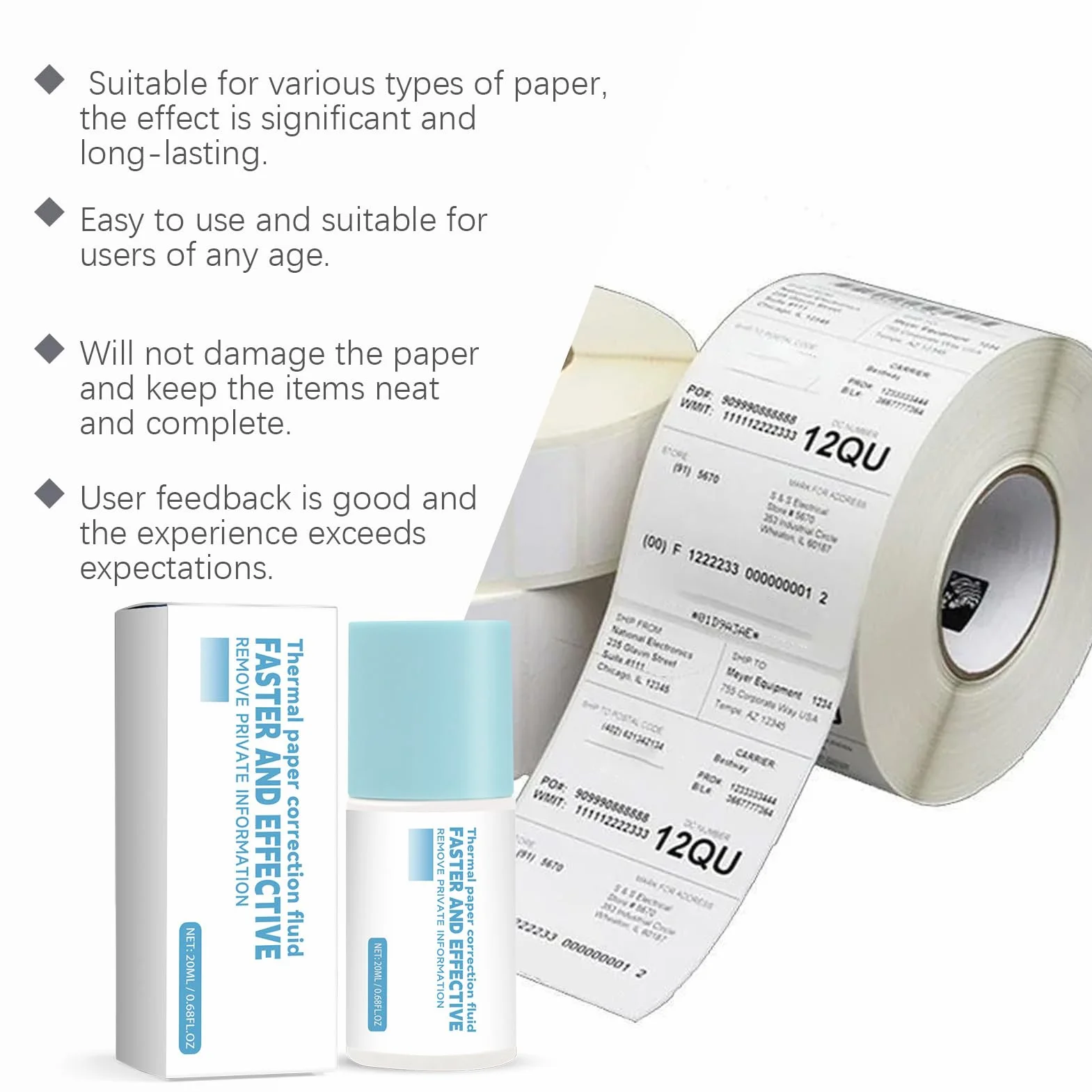 Szybkoschnący płyn korekcyjny do papieru termicznego, ochrona prywatności 20 ml dla papieru wrażliwego, bezpiecznie usuwa informacje na etykietach, kartach kredytowych, notach dostawy i adresach