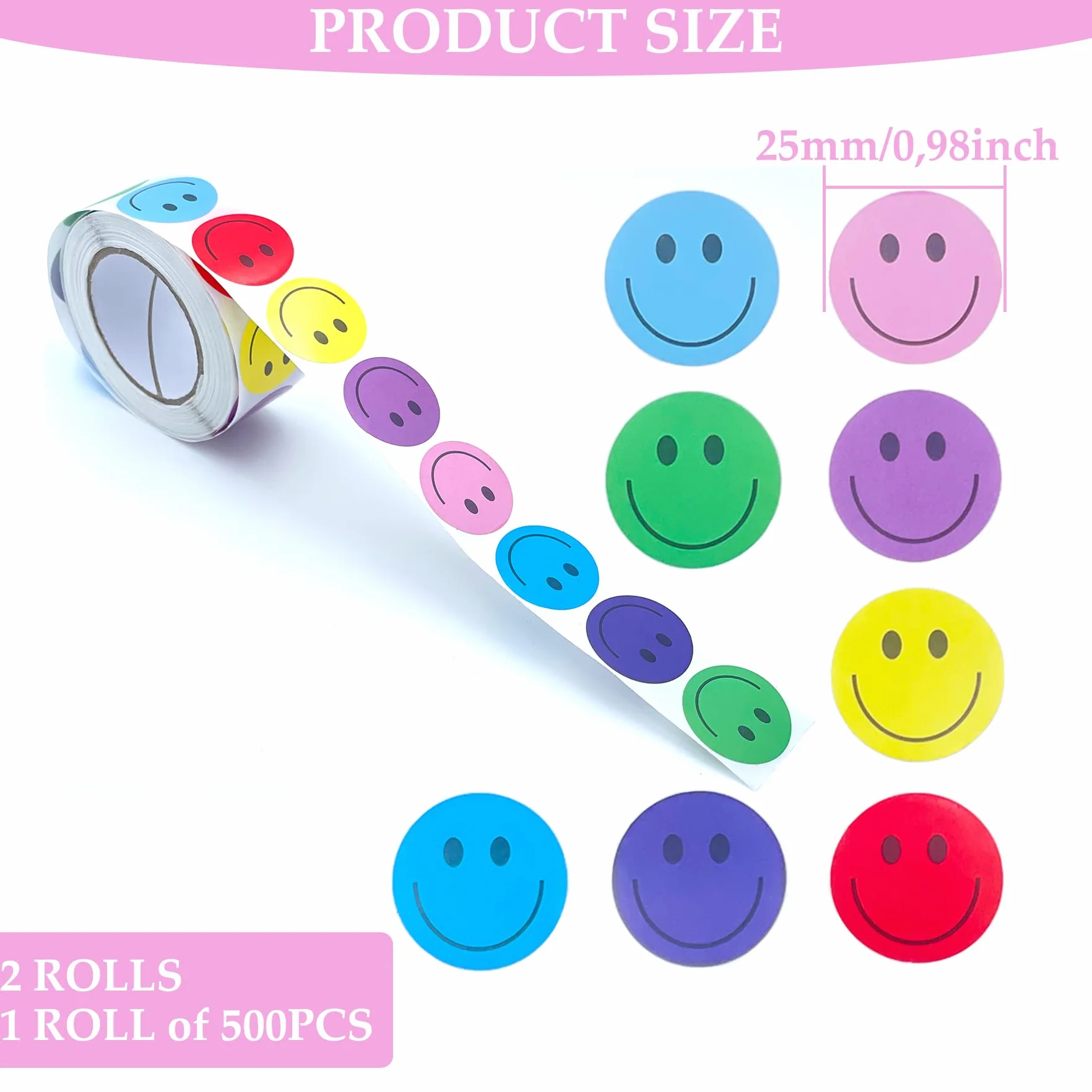 Naklejki Smiley 25 mm 1000 sztuk 2 rolki 8 kolorów samoprzylepne okrągłe naklejki nagradzające