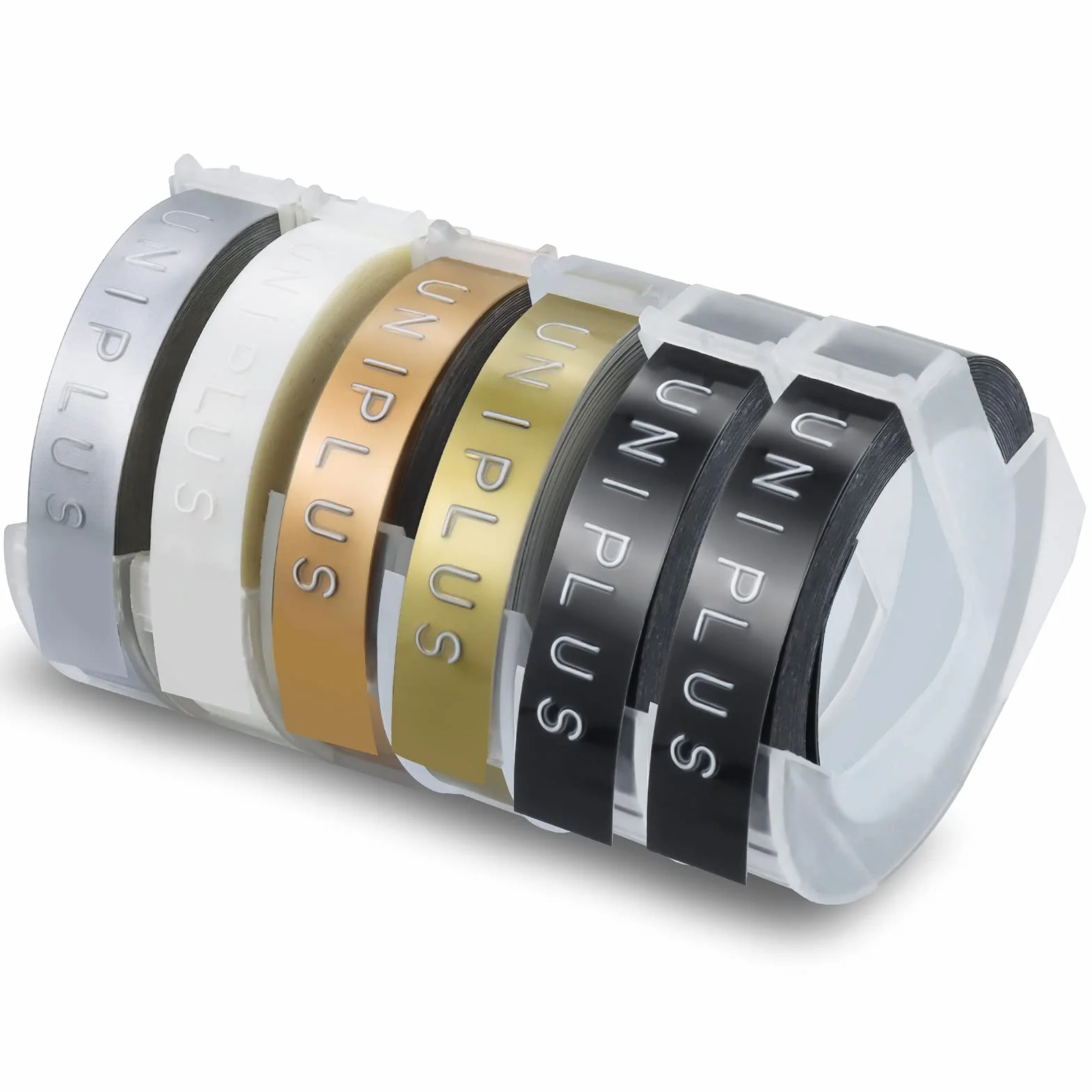 UniPlus 6 x kompatybilna taśma do wytłaczania 3D jako zamiennik do klejonych taśm Dymo do wytłaczania Dymo Omega Junior, 9 mm x 3 m, 2 x kolor biały na czarnym, 1 x kolor biały na złotym/szampańskim złocie/srebrnym/przezroczystym