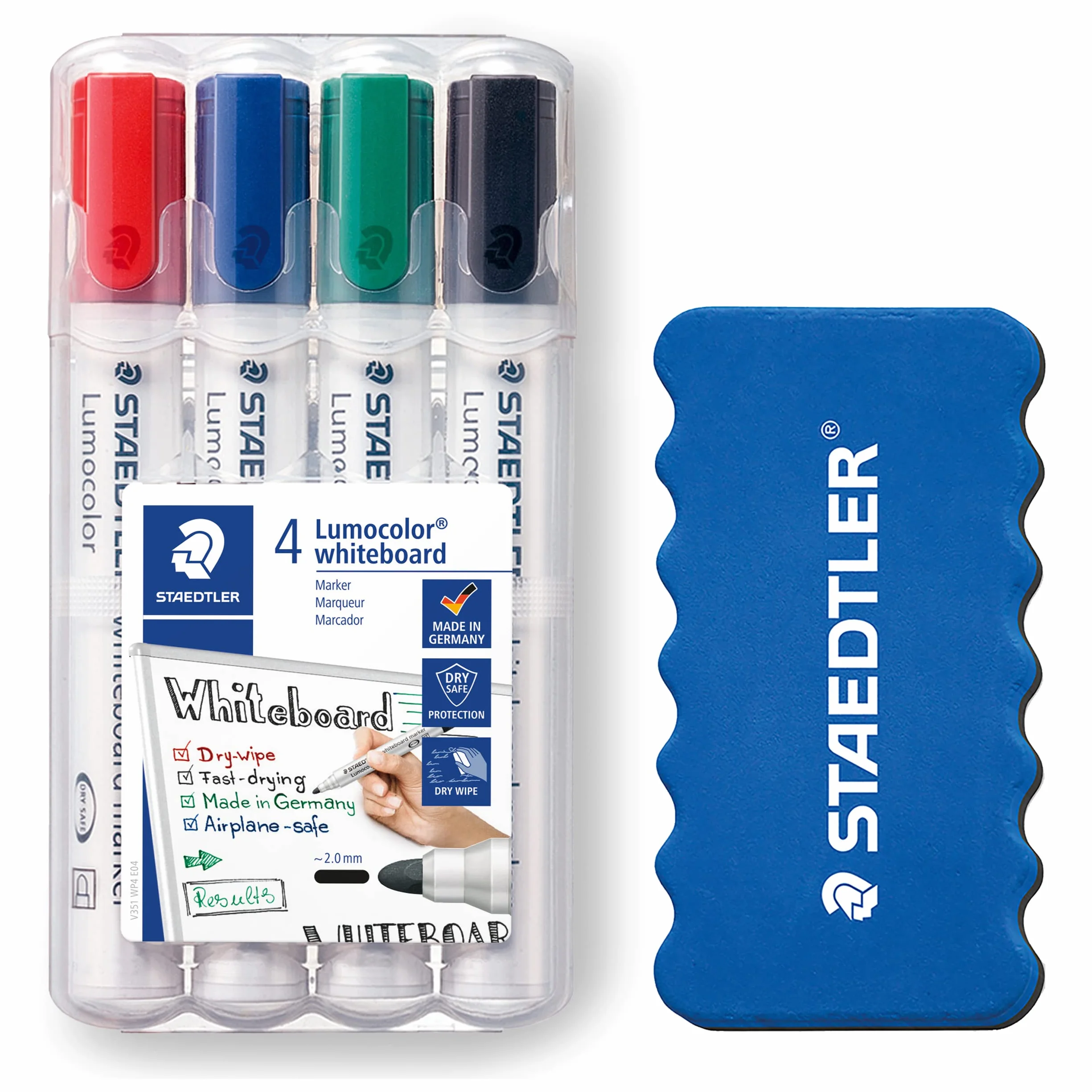 STAEDTLER Lumocolor markery do tablic suchościeralnych 2 mm zestaw 4 sztuk z gąbką