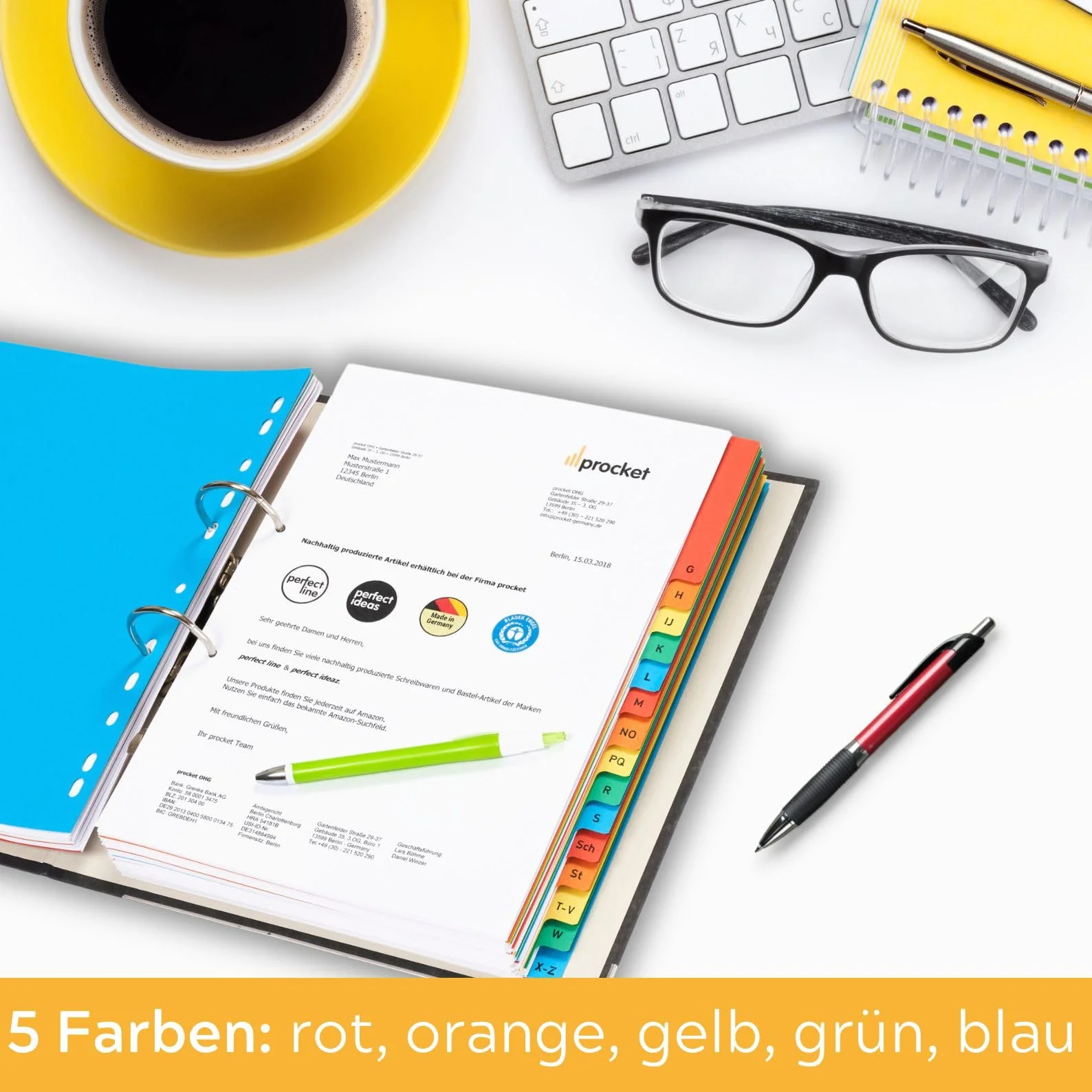 perfect line • Segregator A-Z DIN-A4, 20-częściowy, zestaw 2 sztuk, karton, Wyprodukowano w Niemczech, posiada certyfikat Blue Angel