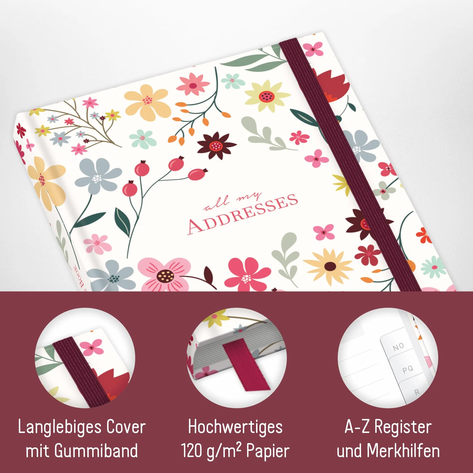 Książka adresowa paper&you® A6+ z indeksem A-Z papierem premium 120 g/m² "Wild Flower" na kontakty, daty urodzin i hasła - zrównoważona & przyjazna dla klimatu