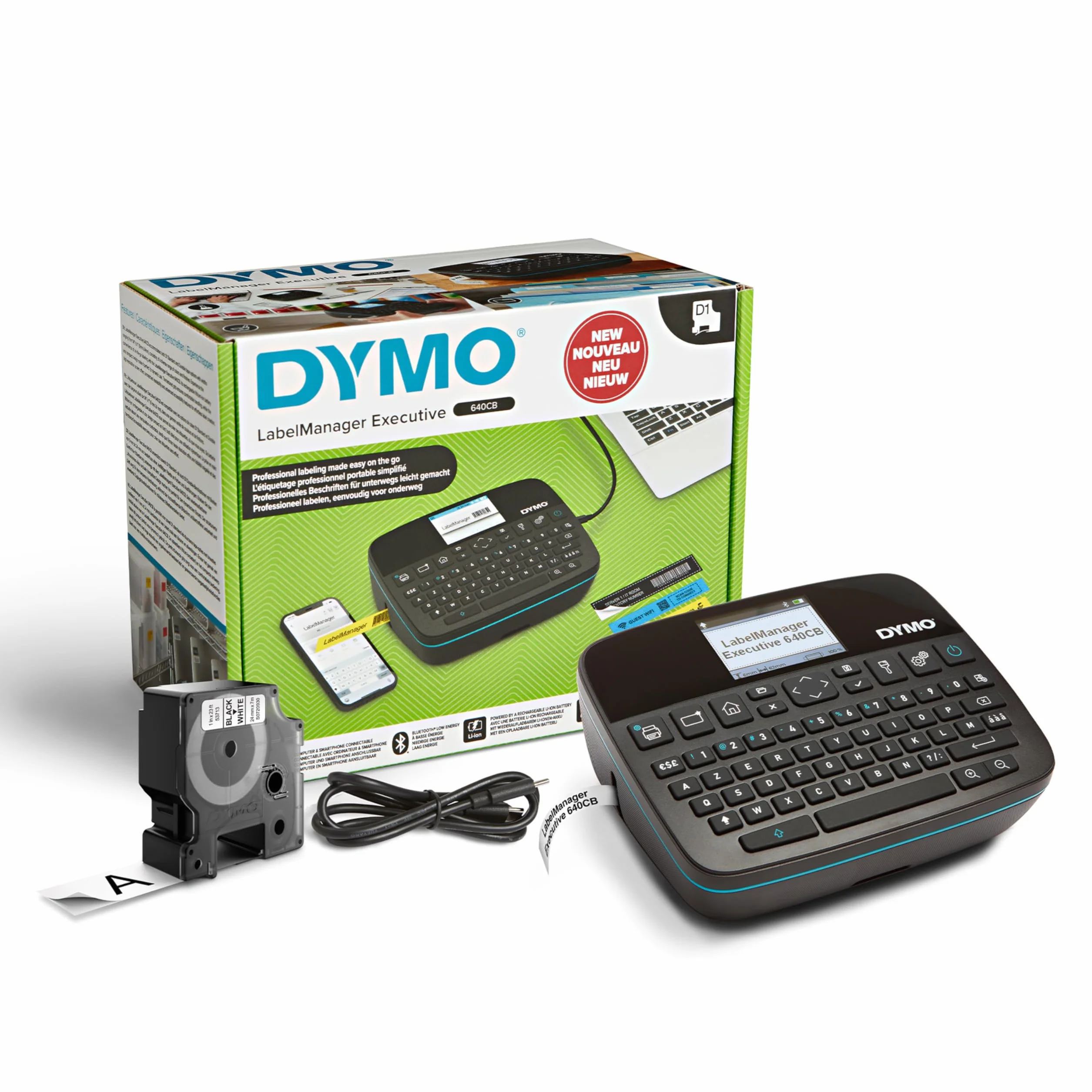 DYMO LabelManager Executive 640 CB Przenośna drukarka etykiet | Kompaktowa maszyna do tworzenia etykiet | Podwójna łączność Bluetooth i USB | i trwałymi etykietami DYMO D1