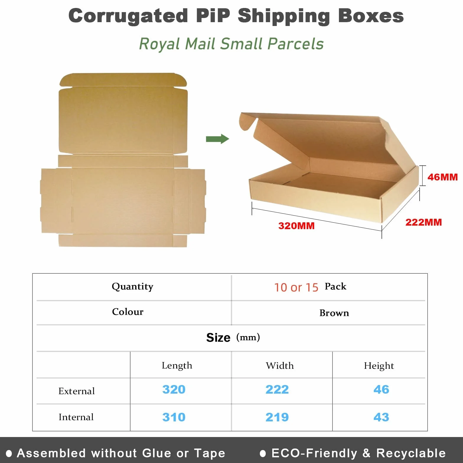 Pudełka wysyłkowe z tektury falistej A4 320×222×46 mm Royal Mail brązowe C4 10 sztuk