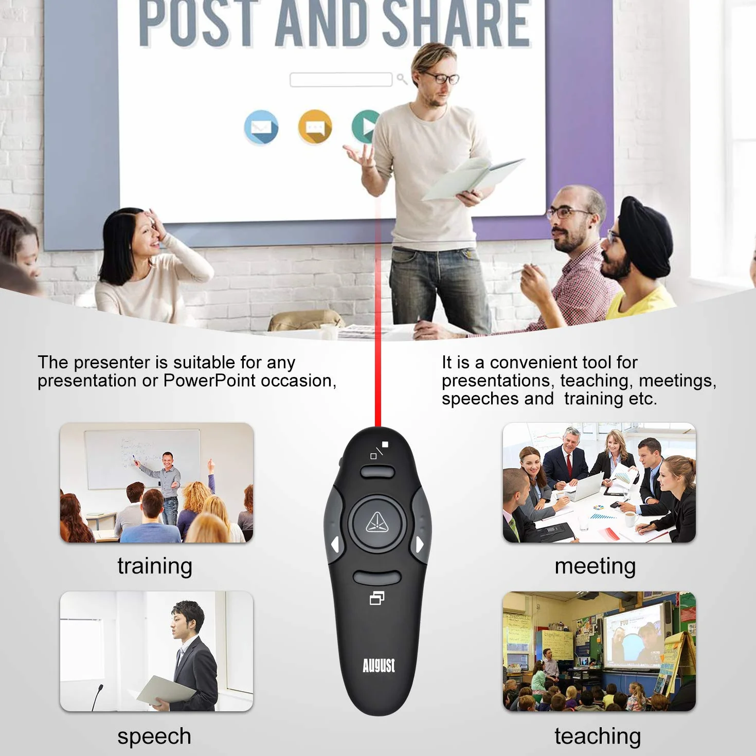 August LP205 Bezprzewodowy Wskaźnik Laserowy do Prezentacji PowerPoint Clicker