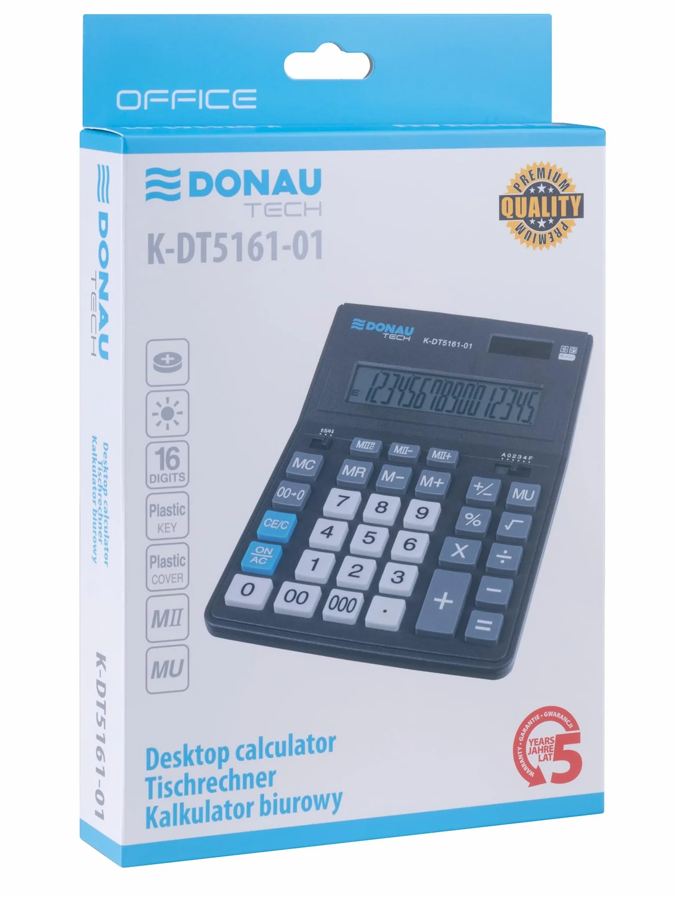 Donau TECH kalkulator biurkowy K-DT5161 16-cyfrowy wyświetlacz Dual-Power Solar 201x155x35 mm czarny