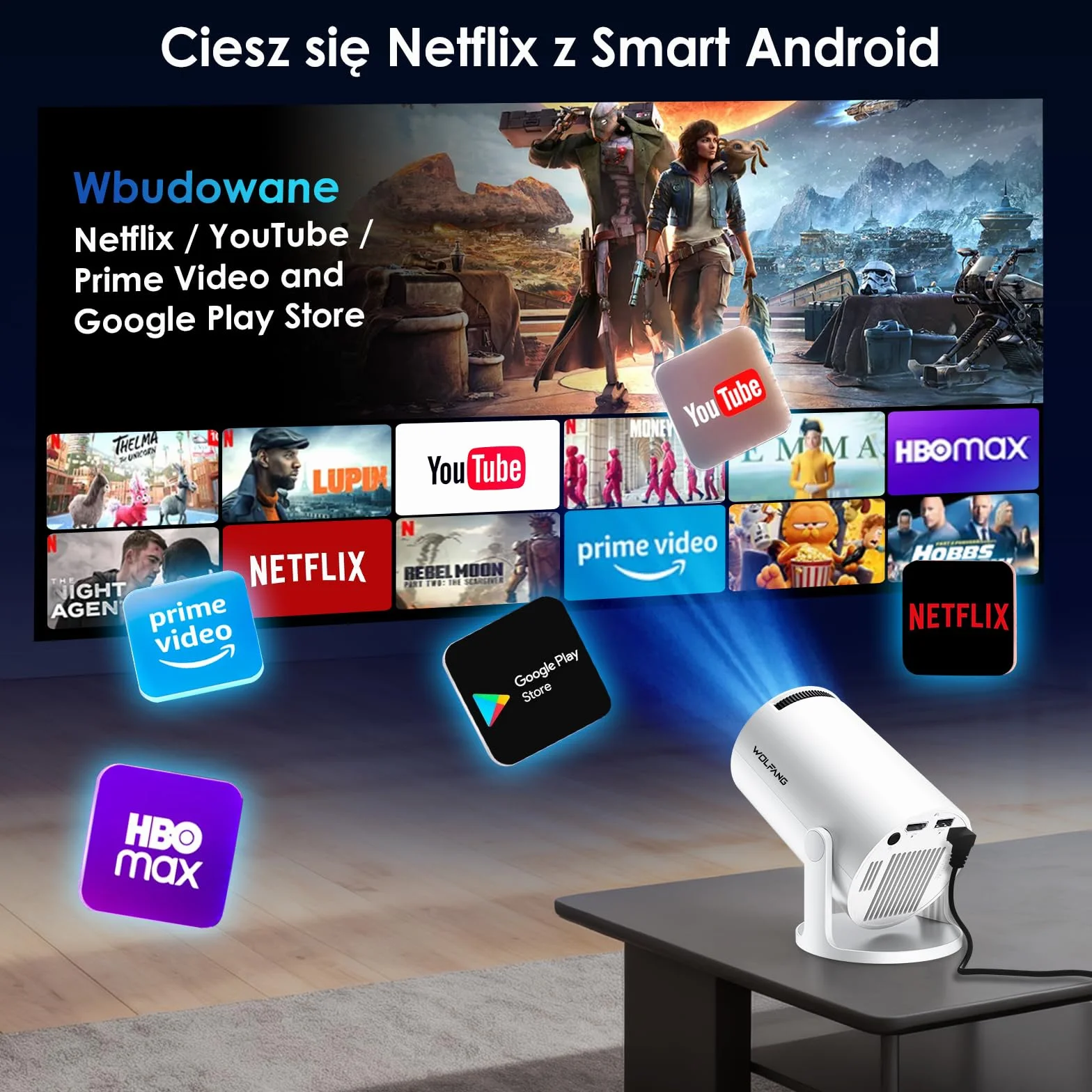 Projektor WOLFANG 4K 20000 luksów Android 11.0 1080P