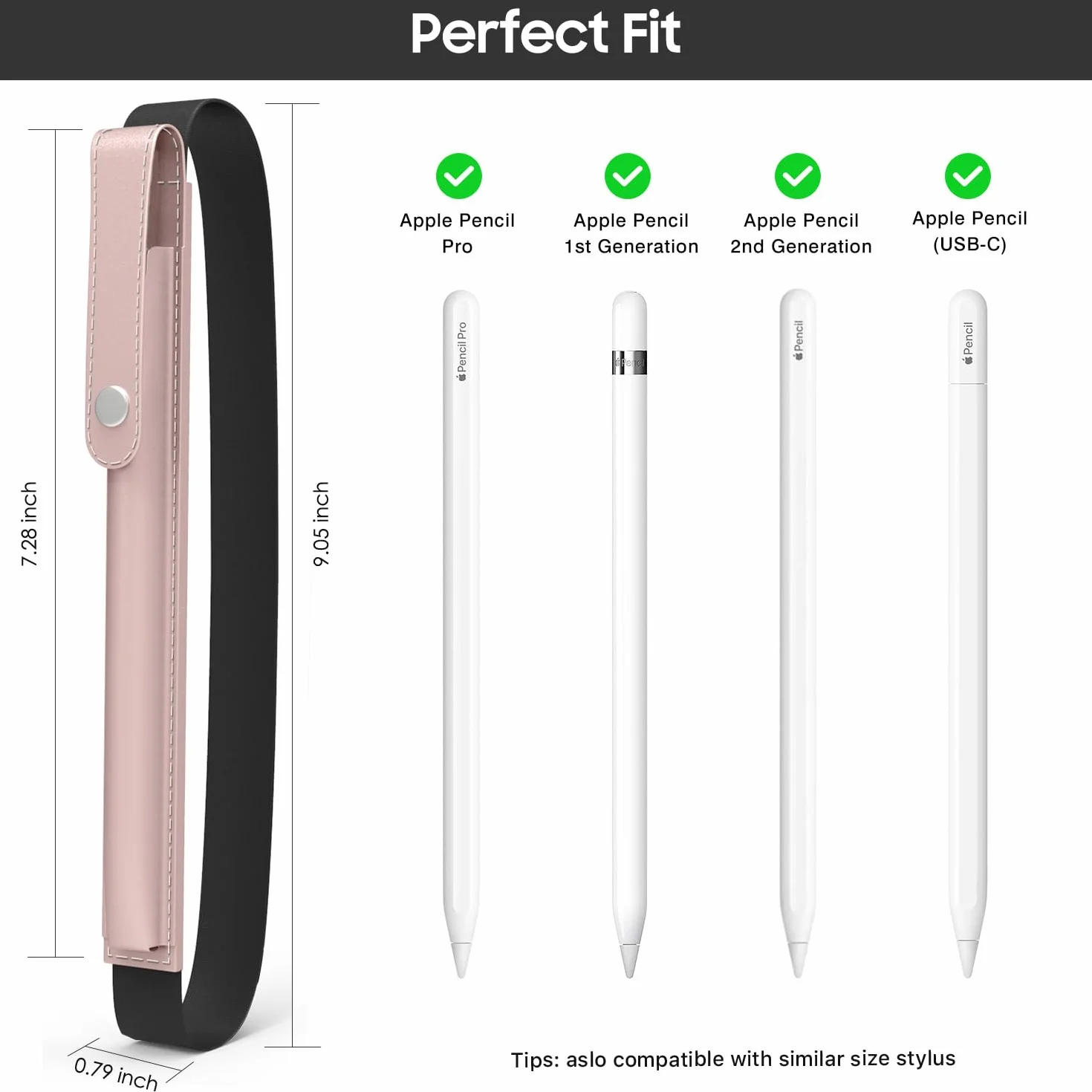 MoKo Pojemnik na Ołówek Apple Pencil Pro, Apple Pencil 1. i 2. generacji, iPencil (USB-C), Etui na Ołówek do iPada z PU Skórą, z Klamrą i Gumką do Przymocowania do Etui na iPada, Różowe Złoto