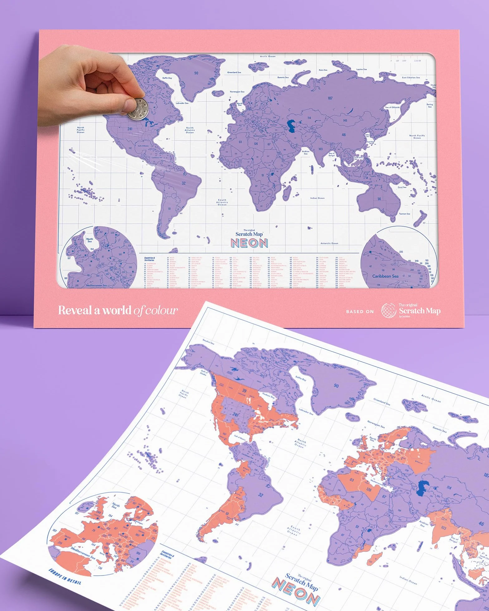 Luckies Mapa zdrapywania neonowa | Mapa podróży i zdrapka mapa świata | Mapa świata zdrapka | Mapa podróży do zdrapywania podróży | Mapa świata zdrapka | fioletowa