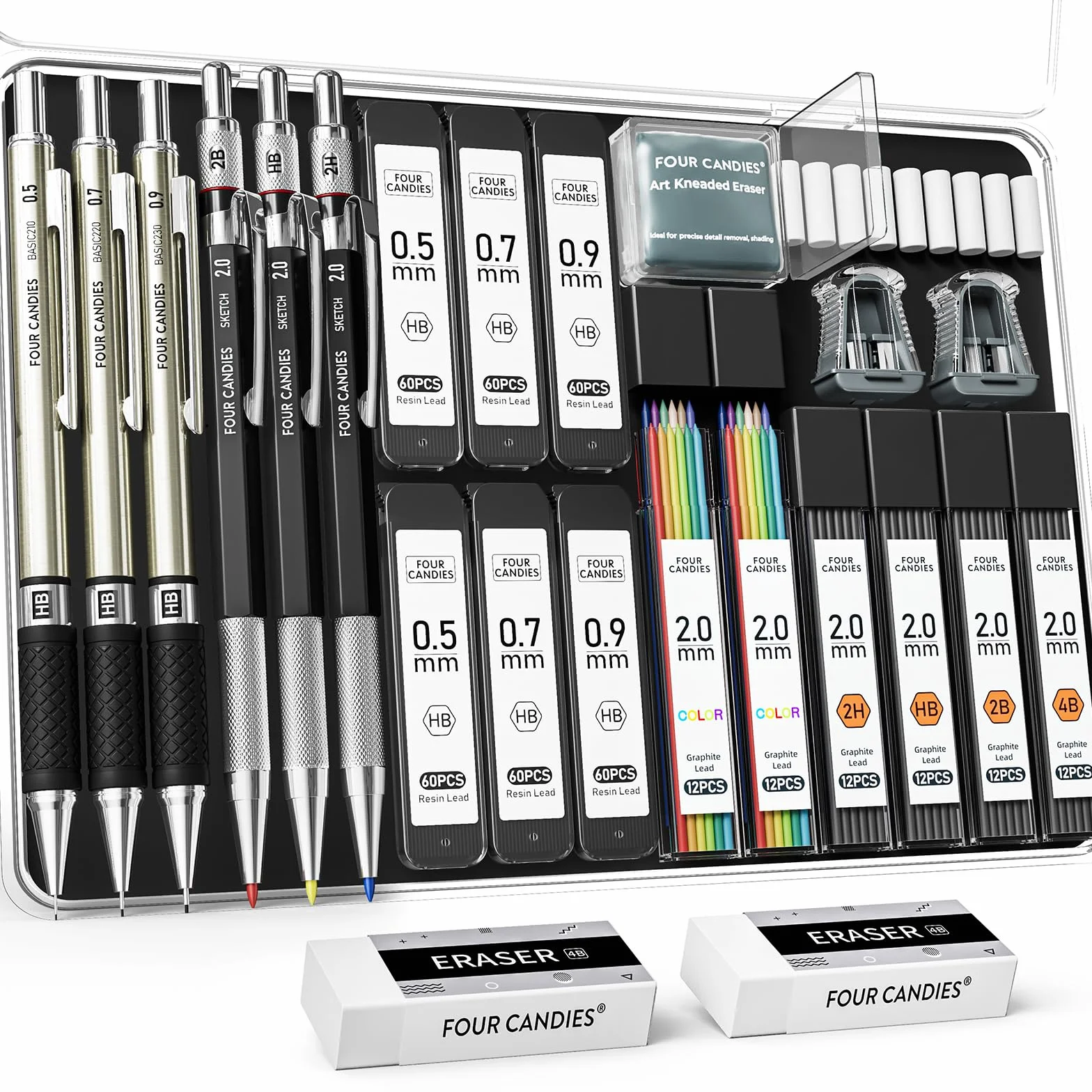 Ensemble de 25 porte-mines artistiques métal 0,5 0,7 0,9 mm avec 432 recharges graphite