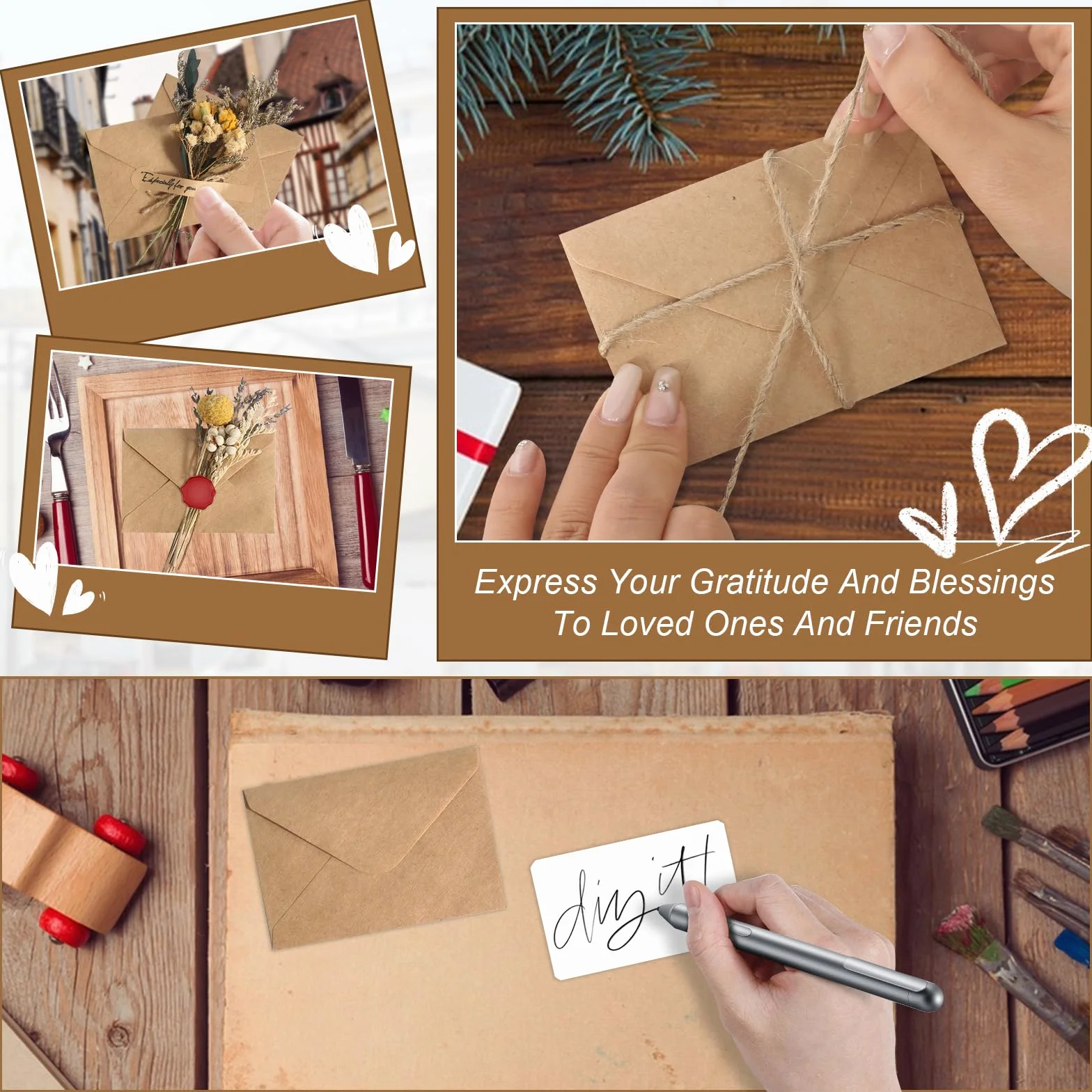 Koperty z papieru kraft 100 sztuk mini koperty z 100 sztuk blanko kartkami, małe brązowe koperty, małe koperty na prezenty pieniężne, kartki podziękowania, zaproszenia