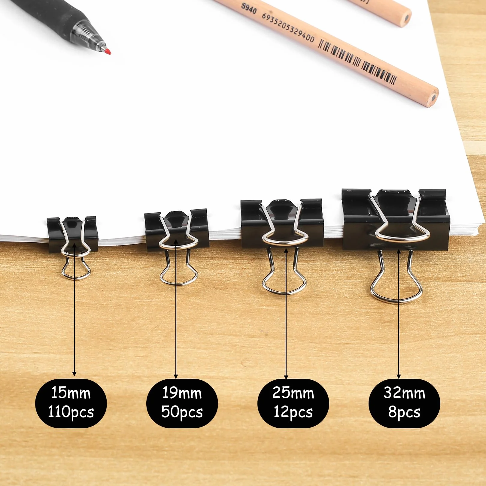 180 Sztuk Foldback Metalowe, Spinacze do Papieru, Klipsy Biurowe, Klipsy Bulldog, Uniwersalne Zaciski do Dokumentów Papierowych i Notatek, 15mm/19mm/25mm/32mm