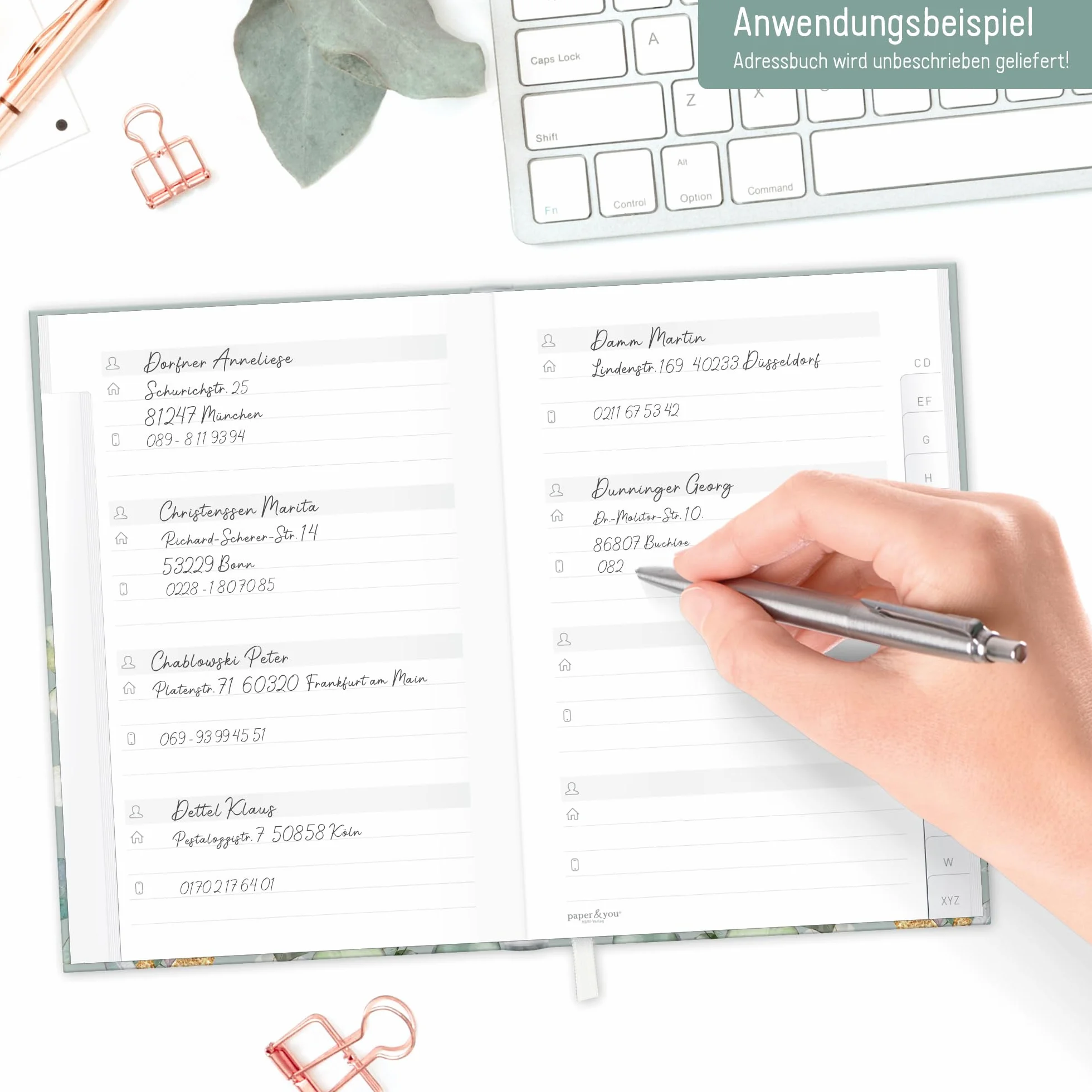 Książka adresowa paper&you® A6+ z indeksem A-Z papierem premium 120 g/m² "Minty Leaves" na kontakty, daty urodzin i hasła - zrównoważona & przyjazna dla klimatu