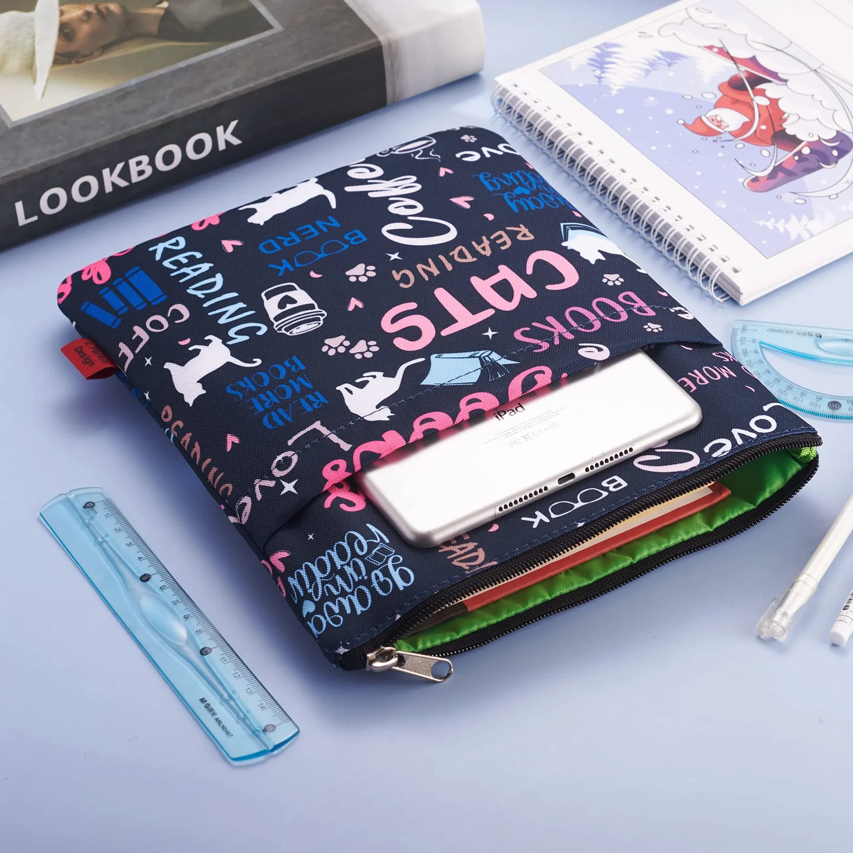 Rękawy ochronne na książki o kotach, etui na książki z kotami, z zamkiem błyskawicznym, 38 x 21 cm, nadaje się do prania, tkanina, dla miłośników książek, kawowe